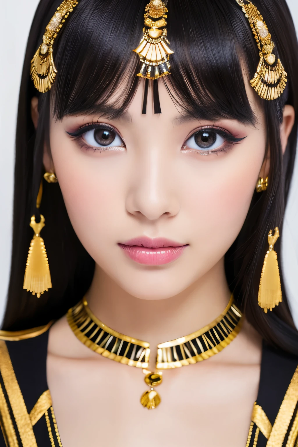 Masterpiece, high quality, high resolution, 8K, Skinny Japanese woman in a costume of Cleopatra, beautiful face, makeup of Cleopatra, detailed face, detailed eyes
