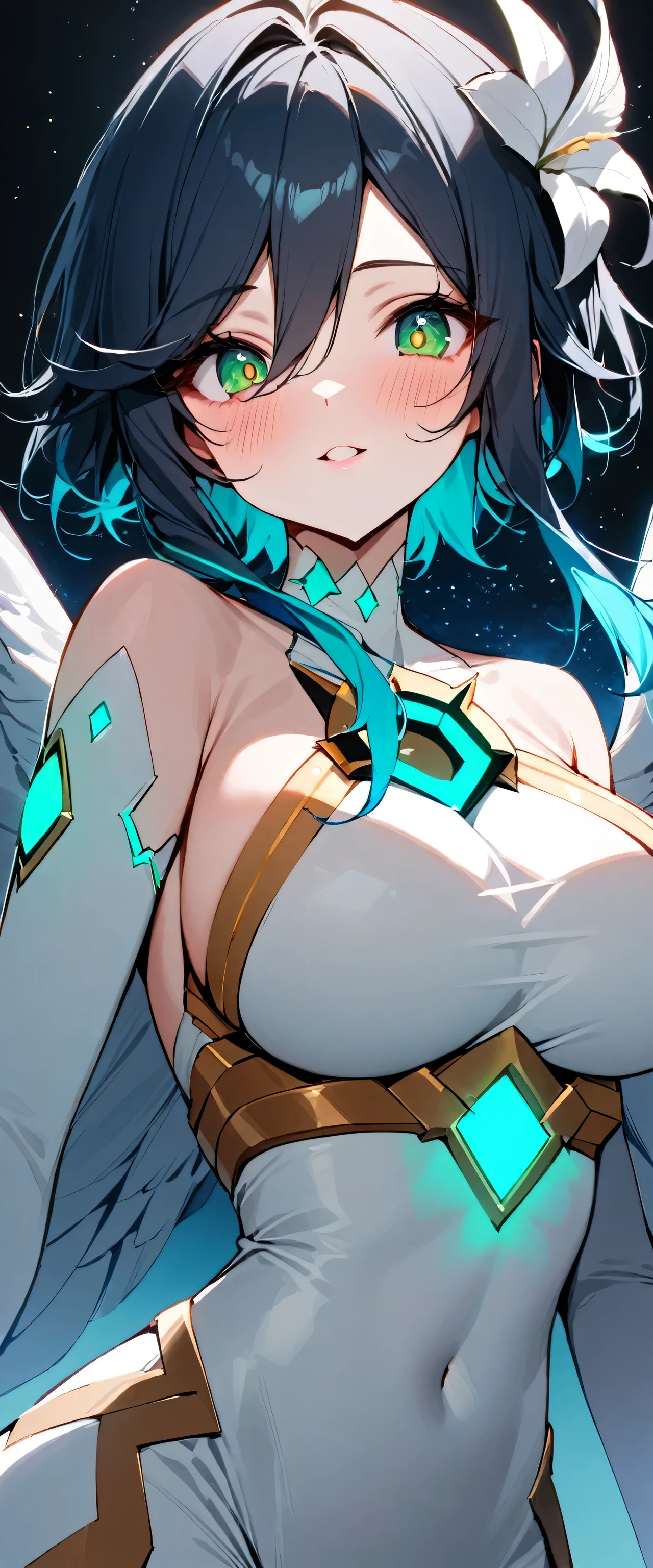 masterpiece,best quality,very aesthetic,absurdres,1girl,venti_/(archon/)_/(genshin_impact/),detailed_eyes,(gnns:0.25),white feathered_wings,white halter_top,white shorts,hair_flower,midriff,black blue hair gradient,dsmile,starry_sky,moon,starry_sky_print,((green eyes)),feathers,divine,detailed_eyes,long_eyelashes,pink_lips,glossy lips,narrow_waist,wide_hips,(big breasts:1.4),curvy