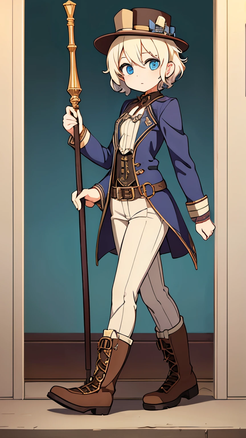 Age unknown,Unknown gender,steampunk,Platinum blonde curly short hair,Ice Blue Eyes,Work boots on your feet,Has a walking stick,silk hat