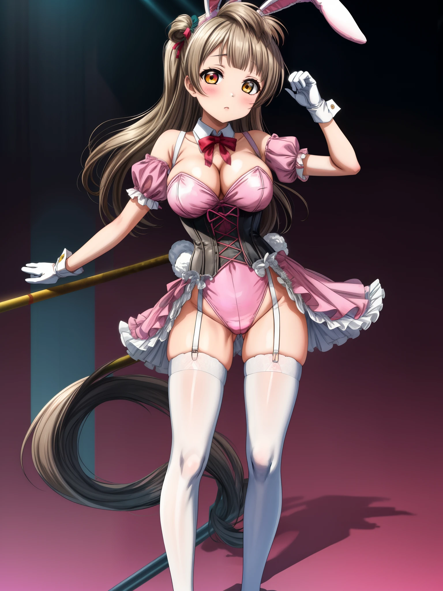 Masterpiece, best quality,Minami kotori, solo, breasts, looking_at_viewer, bangs, large_breasts, thighhighs, gloves, animal_ears, cleavage, short_sleeves, frills, puffy_sleeves, white_gloves, rabbit_ears, leotard, puffy_short_sleeves, fake_animal_ears, garter_straps, playboy_bunny, corset, pink_thighhighs, pink_leotard , standing,contrapposto
