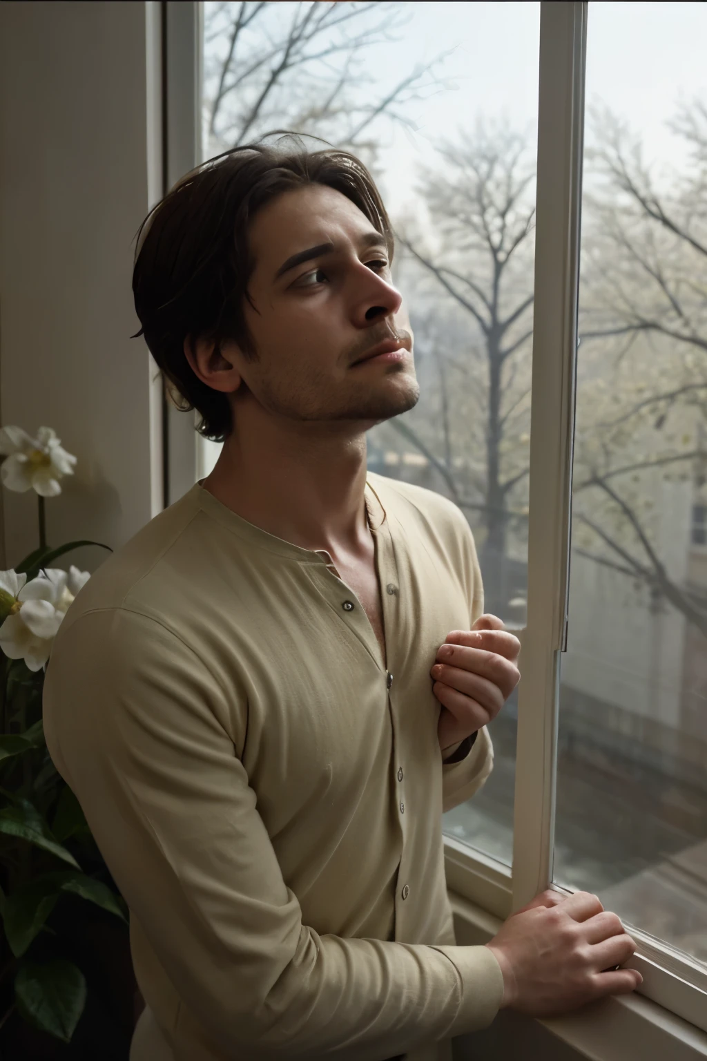 Spring has come again and rays of warmth look trustingly out my window. Again my chest will pinch.
And sadness will creep into your soul,
From memory he will go with me.
man looking out the window