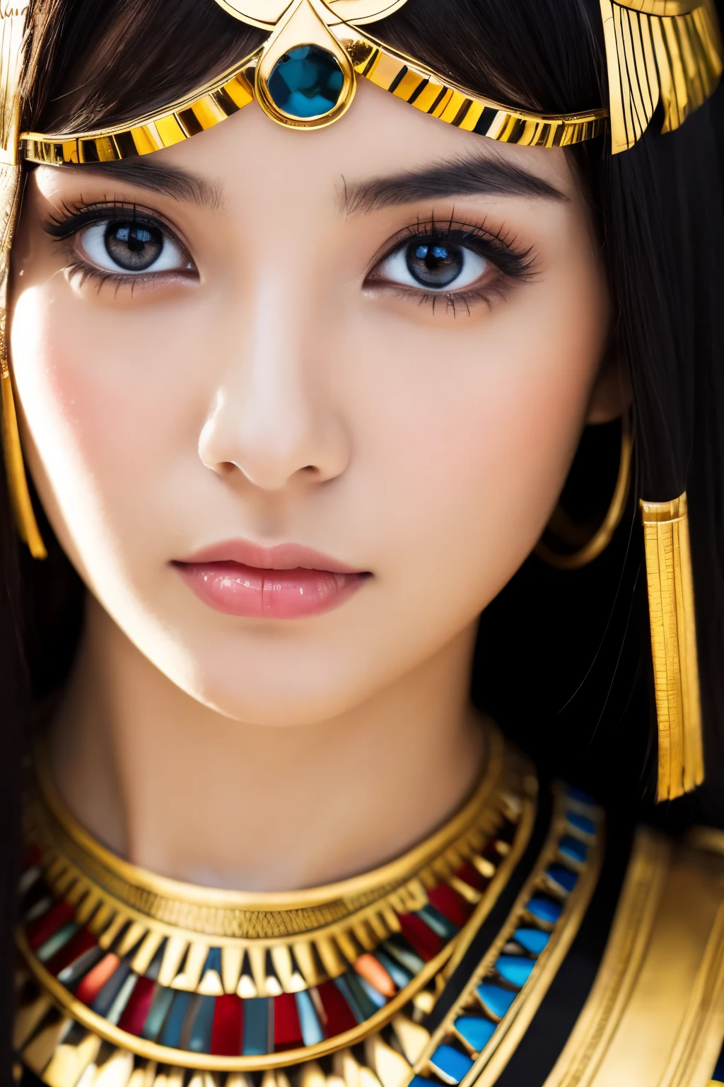 Masterpiece, high quality, high resolution, 8K, Skinny Japanese woman in a costume of Cleopatra, beautiful face, makeup of Cleopatra, detailed face, detailed eyes