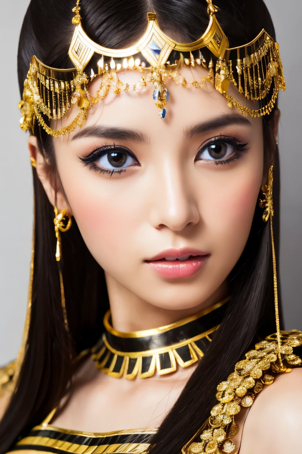 Masterpiece, high quality, high resolution, 8K, Skinny Japanese woman in a costume of Cleopatra, beautiful face, makeup of Cleopatra, detailed face, detailed eyes