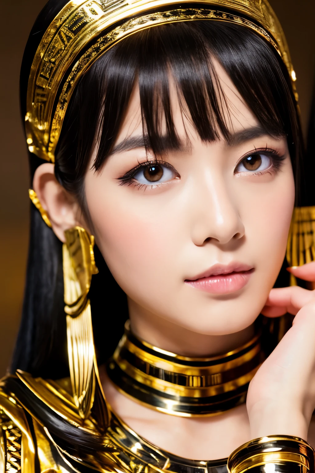 Masterpiece, high quality, high resolution, 8K, Skinny Japanese woman in a costume of Cleopatra, beautiful face, makeup of Cleopatra, detailed face, detailed eyes