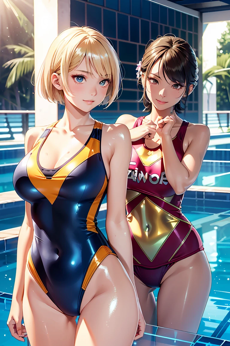 extremely detailed CG, super detailed skin, perfect anatomy, dynamic lighting, beautiful detailed eyes, (1girl:1.6), Outstanding smile、 teenage woman、Japanes、huge breast、short hair、(Shiny skin:1.4)、sexy pose, Esbian all over、(Competition swimwear:1.5), (One piece swimsuit:1.2), (High leg swimsuit:1.2), (Reflection of light:1.4), High leg panties,