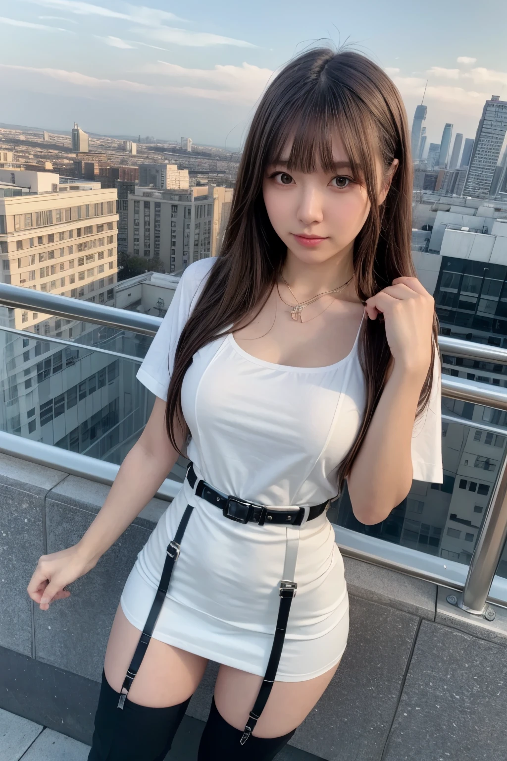 ((Midnight, highest quality, 8k, masterpiece :1.3)), whole body, Long legs, Sharp focus :1.2, Beautiful woman with perfect figure :1.4, Slim Abs :1.1, ((Dark brown hair, Big Breasts :1.2)), (White tight T-shirt, Jean Bib, Are standing:1.2), ((Night city view, rooftop:1.3)), Very detailedな顔と肌の質感, Fine grain, Double eyelids one girl,highest quality,masterpiece,figure,Very delicate and beautiful,CG,Unity,8k wallpaper,wonderful,In detail,masterpiece,Official Art,Very detailed CG Unity 8k wallpaper,Incredibly absurd,Large file size,Very detailedな,High resolution,Very detailed,Beautiful detailed girl,Realistic,from the front,Outdoor,　suspenders　　　Large swollen breasts　　 　 　　　　Black mini skirt　garter belt　Knee-high socks　　　　　　　bangs 　　　　　Beauty　　Hands up　　 　　Black boots 　　　　one person 　　　Dress shirt　　　Hands Behind Back　put your hands behind your back　　With your hands behind your back　Armament　holster　　A room at the Belt Hotel　Bed　Wall side