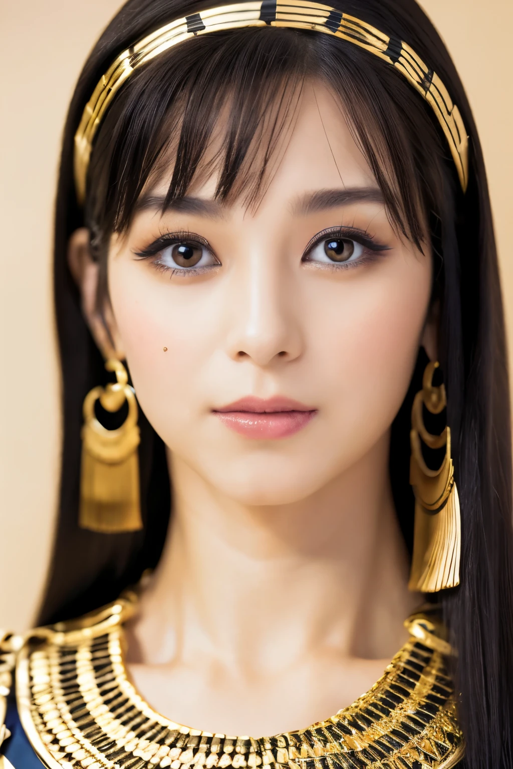 Masterpiece, high quality, high resolution, 8K, Skinny Japanese woman in a costume of Cleopatra, beautiful face, makeup of Cleopatra, detailed face, detailed eyes