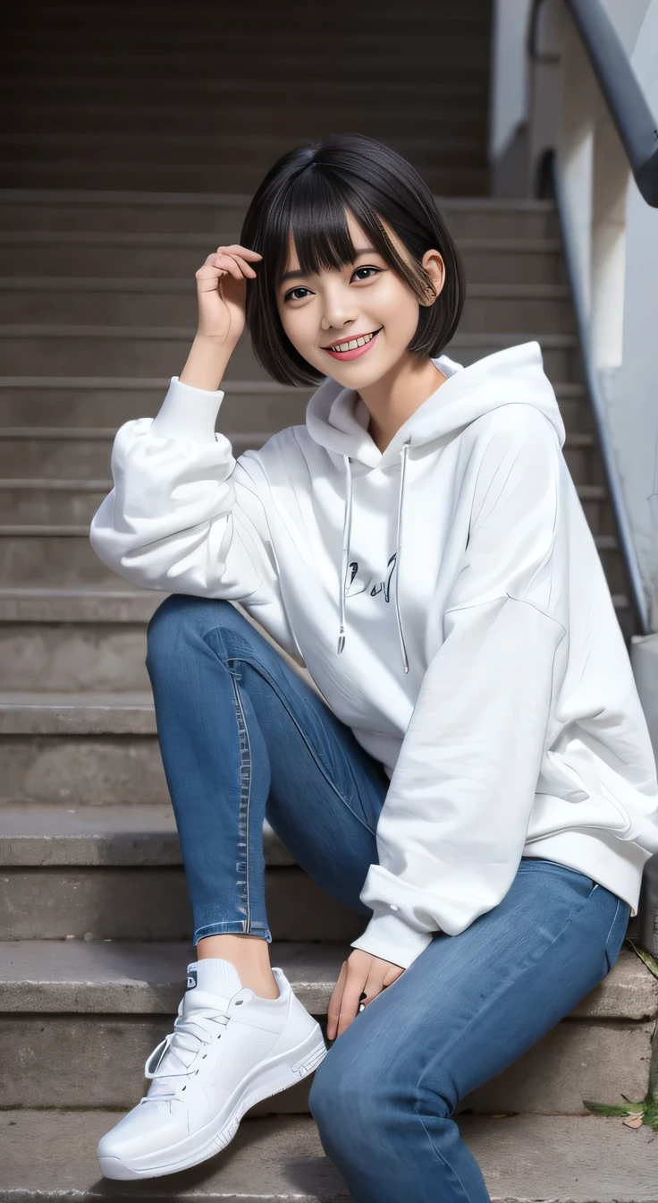 highest quality, Realistic, Very detailed, Finer details, High resolution, 8k wallpaper, One beautiful woman,Sit on the stairs、 Oversized hoodie, Skinny jeans, White sneakers、Putting on socks、Black Hair、 Beautiful Bangs、ear piercing、smile、Beautiful teeth alignment、Short Haircut、Perfect dynamic composition, Beautiful and detailed, Full Body Shot, A big smile
