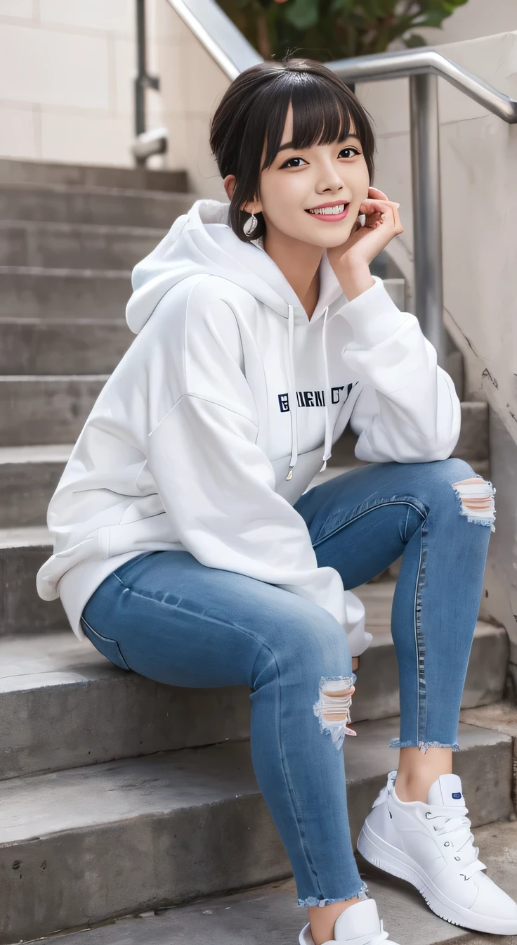 highest quality, Realistic, Very detailed, Finer details, High resolution, 8k wallpaper, One beautiful woman,Sit on the stairs、 Oversized hoodie, Skinny jeans, White sneakers、Putting on socks、Black Hair、 Beautiful Bangs、ear piercing、smile、Beautiful teeth alignment、Short Haircut、Perfect dynamic composition, Beautiful and detailed, Full Body Shot, A big smile