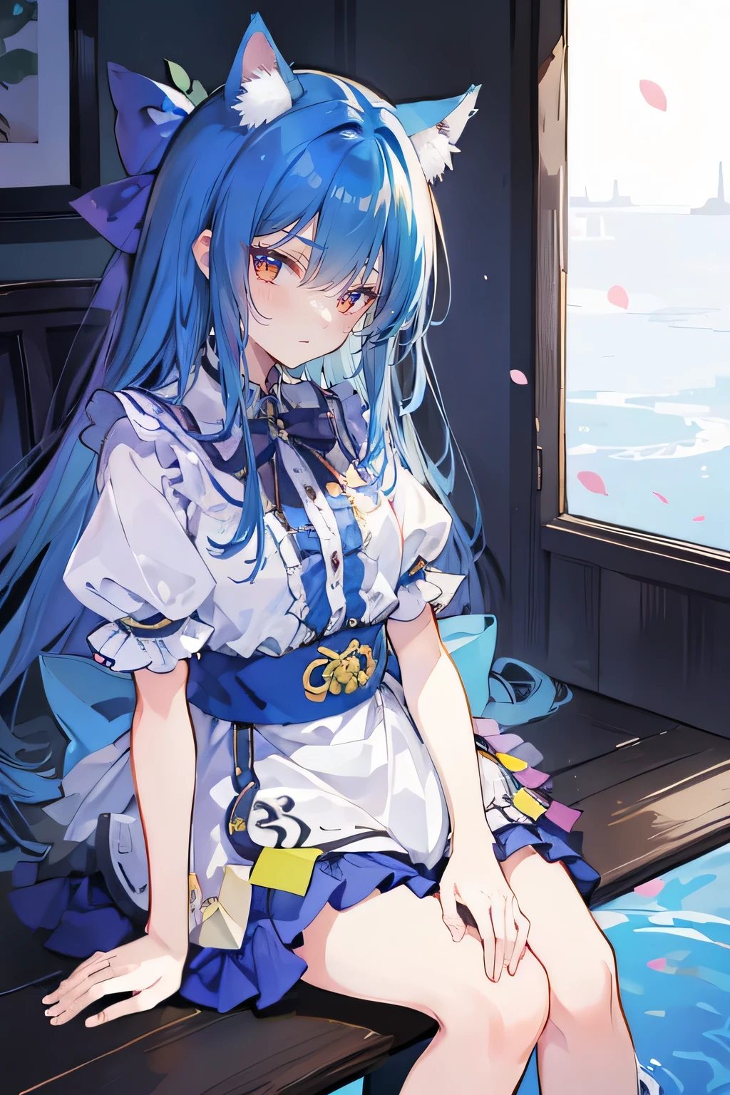 (masterpiece:1.2),ultra-detailed,realistic,expressive eyes,fair-skinned,perfectly shaped face,1girl,
Japanese cartoons,Gorgeous blue hair, flowing blue hair,floating clothes,cat ears,petals falling,beautiful Lola,Hina Angel,
hands on waist,gracefully sitting on the ground,legs crossed,gentle and serene background,cool and comfortable pavilion,shy face ,night .