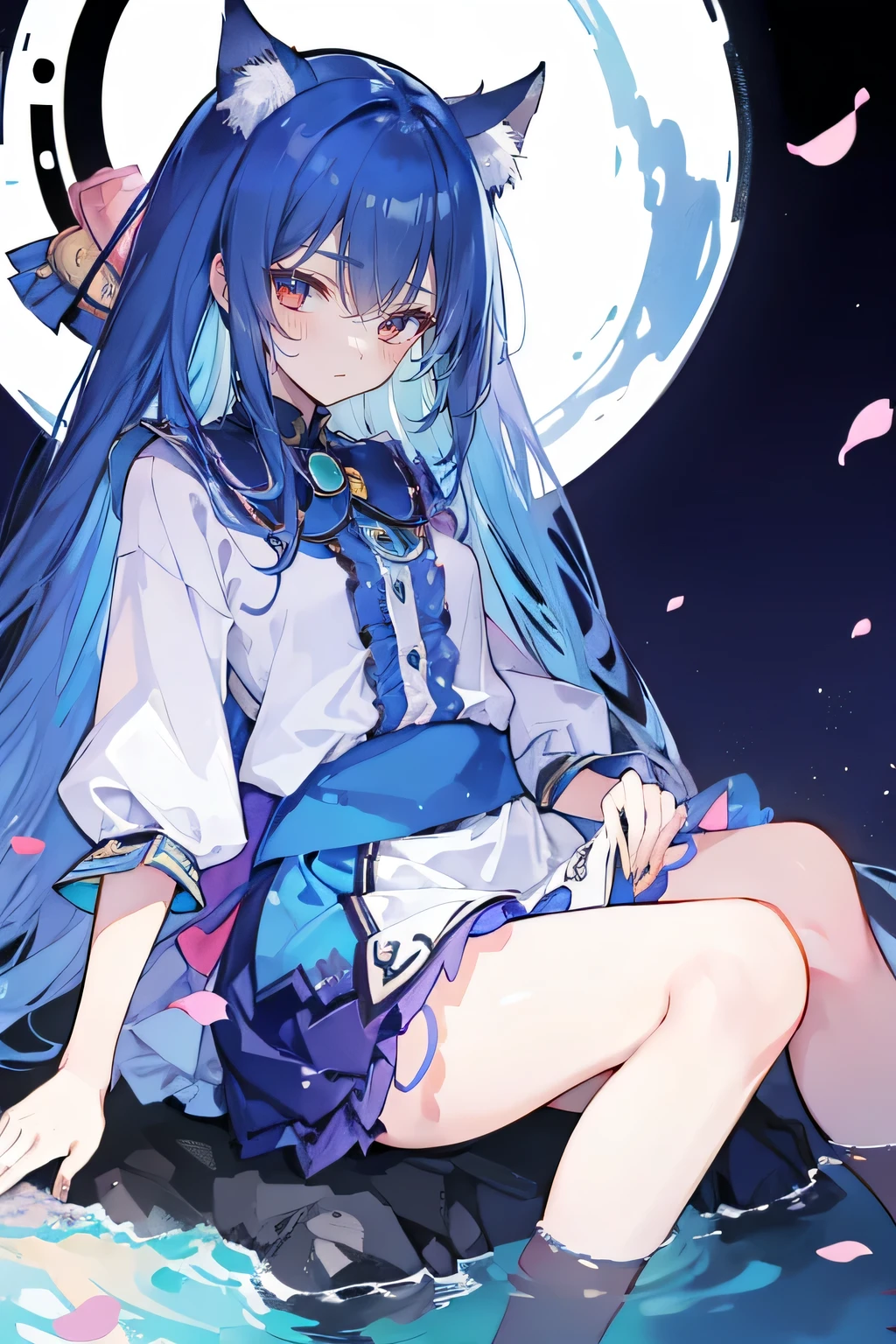 (masterpiece:1.2),ultra-detailed,realistic,expressive eyes,fair-skinned,perfectly shaped face,1girl,
Japanese cartoons,Gorgeous blue hair, flowing blue hair,floating clothes,cat ears,petals falling,beautiful Lola,Hina Angel,
hands on waist,gracefully sitting on the ground,legs crossed,gentle and serene background,cool and comfortable pavilion,shy face ,night .