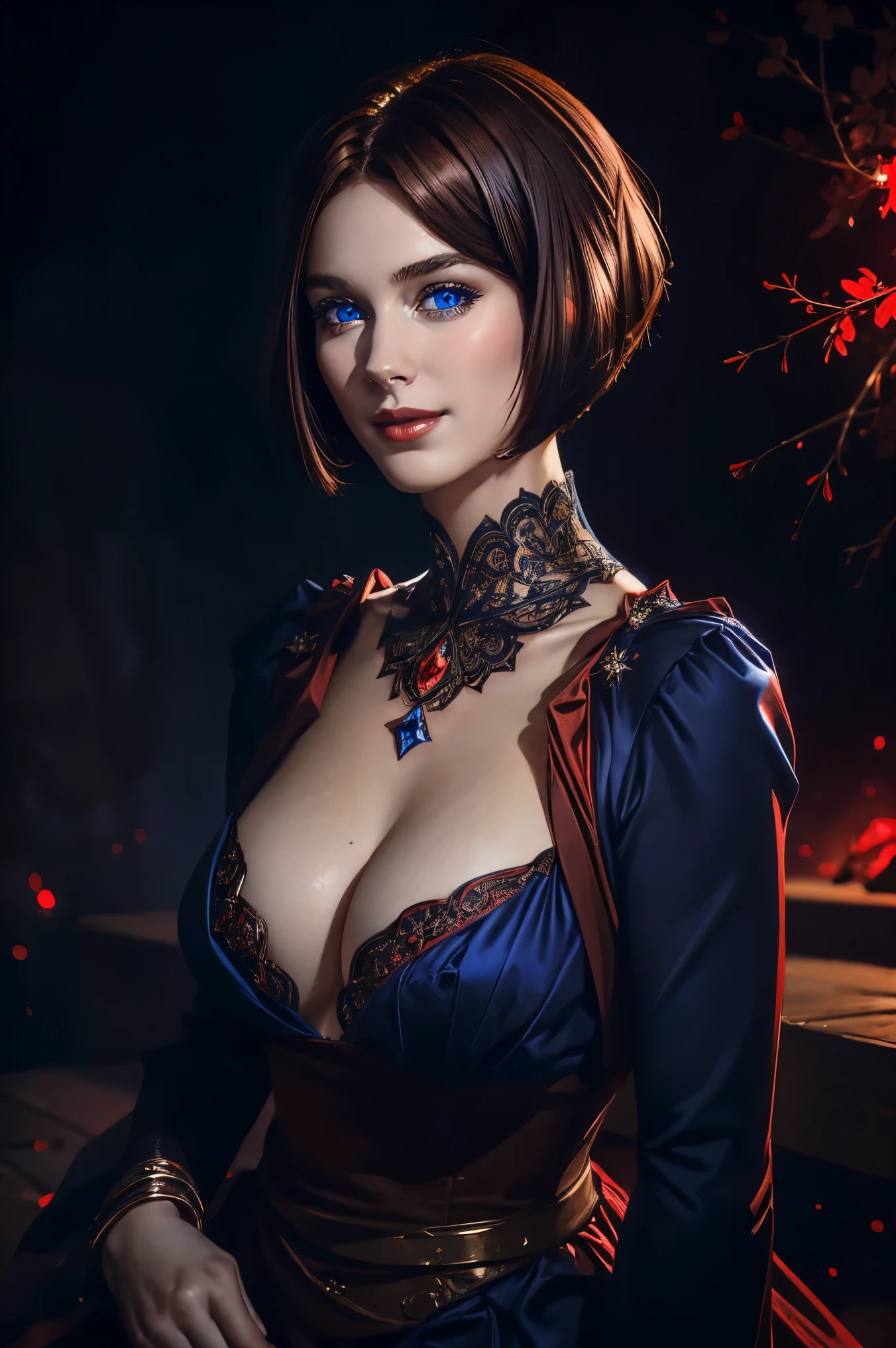 portrait shot, ((vivid brown hair)), sleek bob cut, center part, angled bob hair cut, mature woman, 30 years old, diamond face, moonlight, red starry sky background, depth of field, magic, big red lips, ((perfect blue eyes)) black and red long and full dress, covered chest, mystical atmosphere, ominous shadows, Intense blue aura, Intense red aura (best quality:1.2), absurdres, intricate details, (highly detailed skin:1.2), smile expression, posing, taut and well defined body, attractive. Highly realistic, pale skin, beautiful, hyperrealism, skin very elaborated, direct gaze
