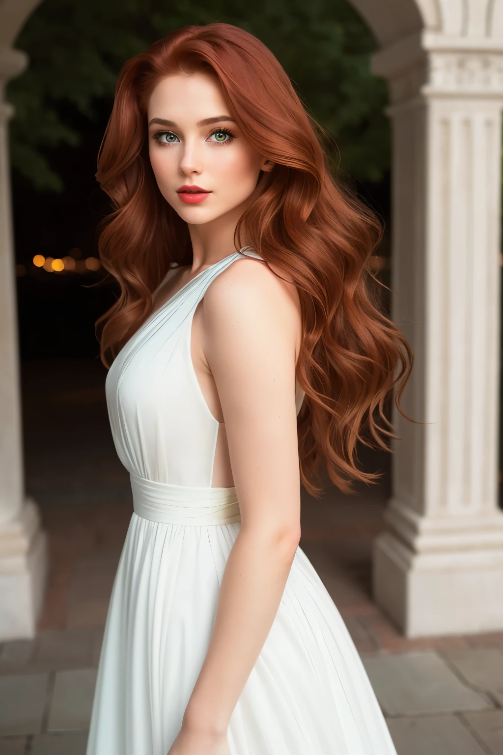 A breath-taking Auburn-haired beauty with long, wavy locks and captivating green eyes graces the frame in a full-body shot. Her radiant red lips contrast sharply against her fair, white skin, adding to her allure. The camera effects showcase high definition and an evening setting, with the girl elegantly dressed in a long, white dress. The scene is further enhanced by artistic camera filters and cinematic lighting that brings out every detail, making for a mesmerizing masterpiece. (High resolution, Realistic skin, Gorgeous girl, Auburn hair, Long wavy hair, Green eyes, Red lips, White skin, Evening, Long dress, High definition, Camera effects