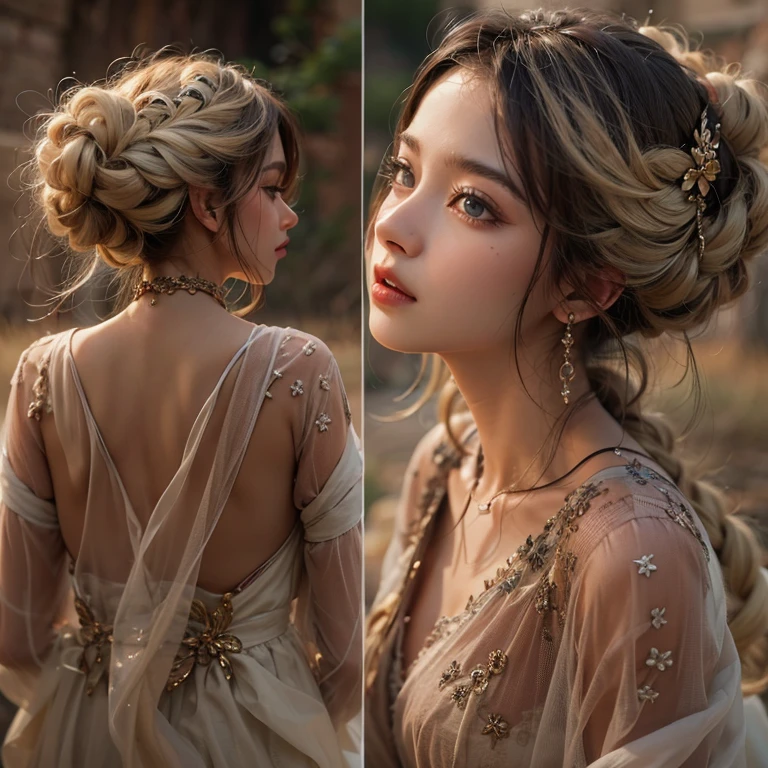 Standing in the desert、Hair flows、 ((highest quality、masterpiece、8k、best image quality、ultra high resolution、Award-winning work)、(close-up of woman's face:1.35)、(close-up of naked face:1.3)、(accurate anatomy:1.1)、(look at me and smile:1.1)、Shining fair skin with ultra high resolution、most detailed face、ultra high resolution detailed face、ultra high resolutionの髪の毛、(ultra high resolutionの煌めく瞳:1.1)、Beautiful face drawn in every detail、(blurred background:1.1)、ancient Islamic clothes, chest together, tattoo, Old ruins in the background, look back