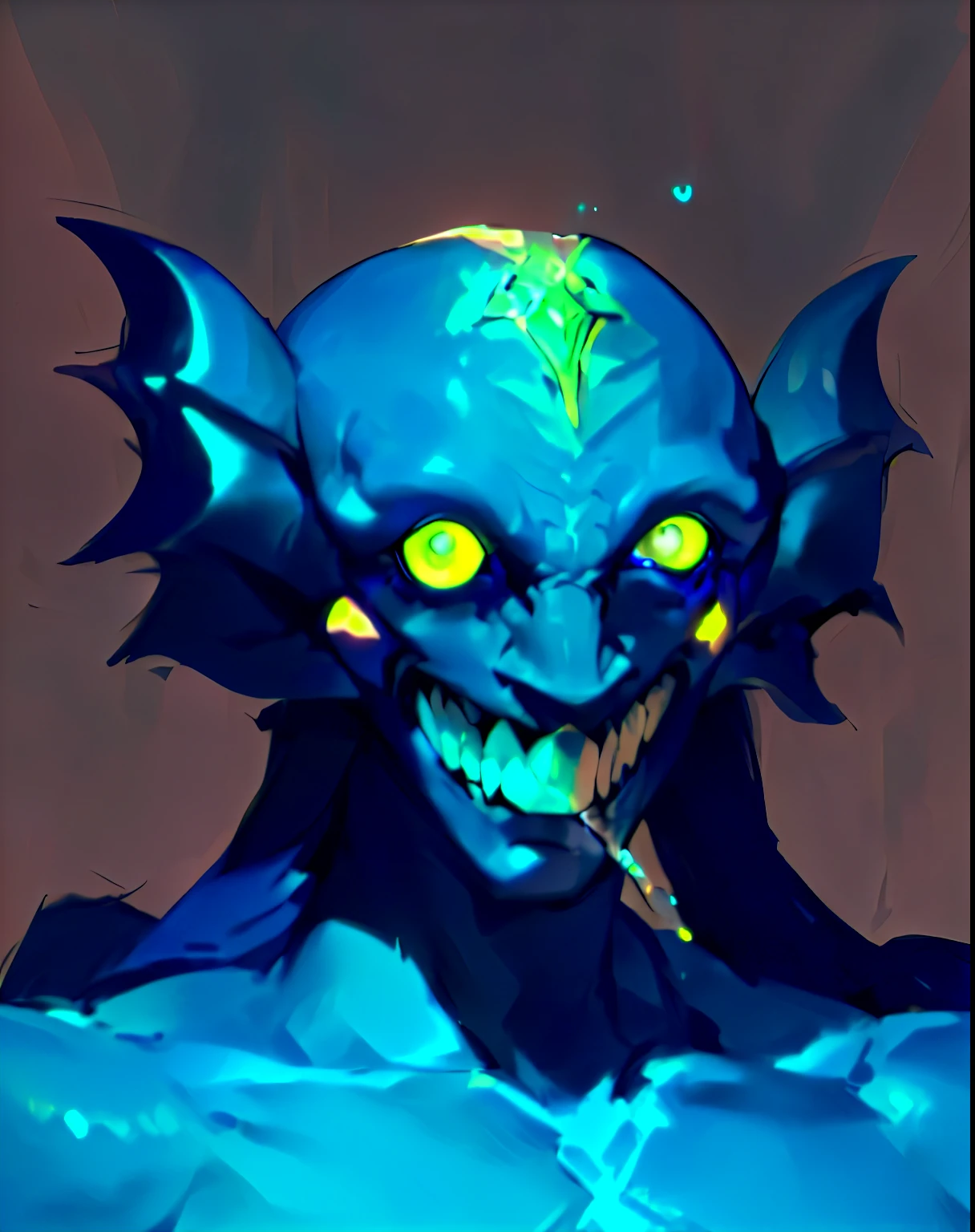 Close up of a blue creature with a green face, Male elf-human-demon hybrid, Elf man male demon, Water Monster, A hybrid of elves and humans, Blue Elf, Neon Monster Portrait, Evil smile and glowing eyes, Colorful muscle monster, Glowing guy creature, crazy creature, Smile, glowing eyes and mouth
