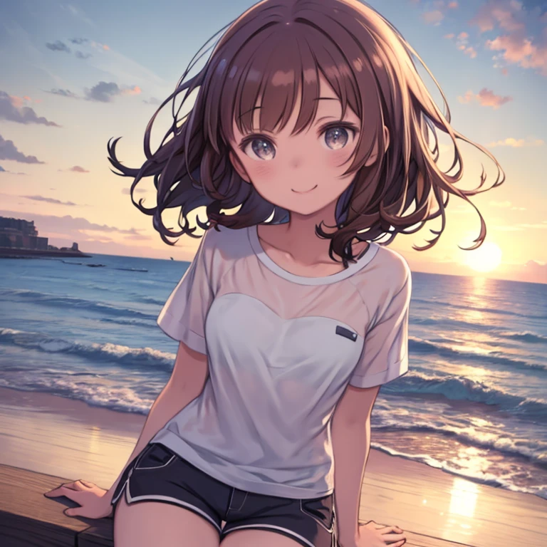 masterpiece、highest quality、High resolution、Very detailed、Medium wide shot、Girl、horizontal lineに沈む夕日、sunset、Ocean、horizontal line、evening、Magic Hour、夕日を見つめるGirl、Beautiful eyes、smile、Short-sleeved shirt、Shorts、Shortcuts、Curly Hair、Bouncy hair、Brown Hair、Young Girl、Embankment、