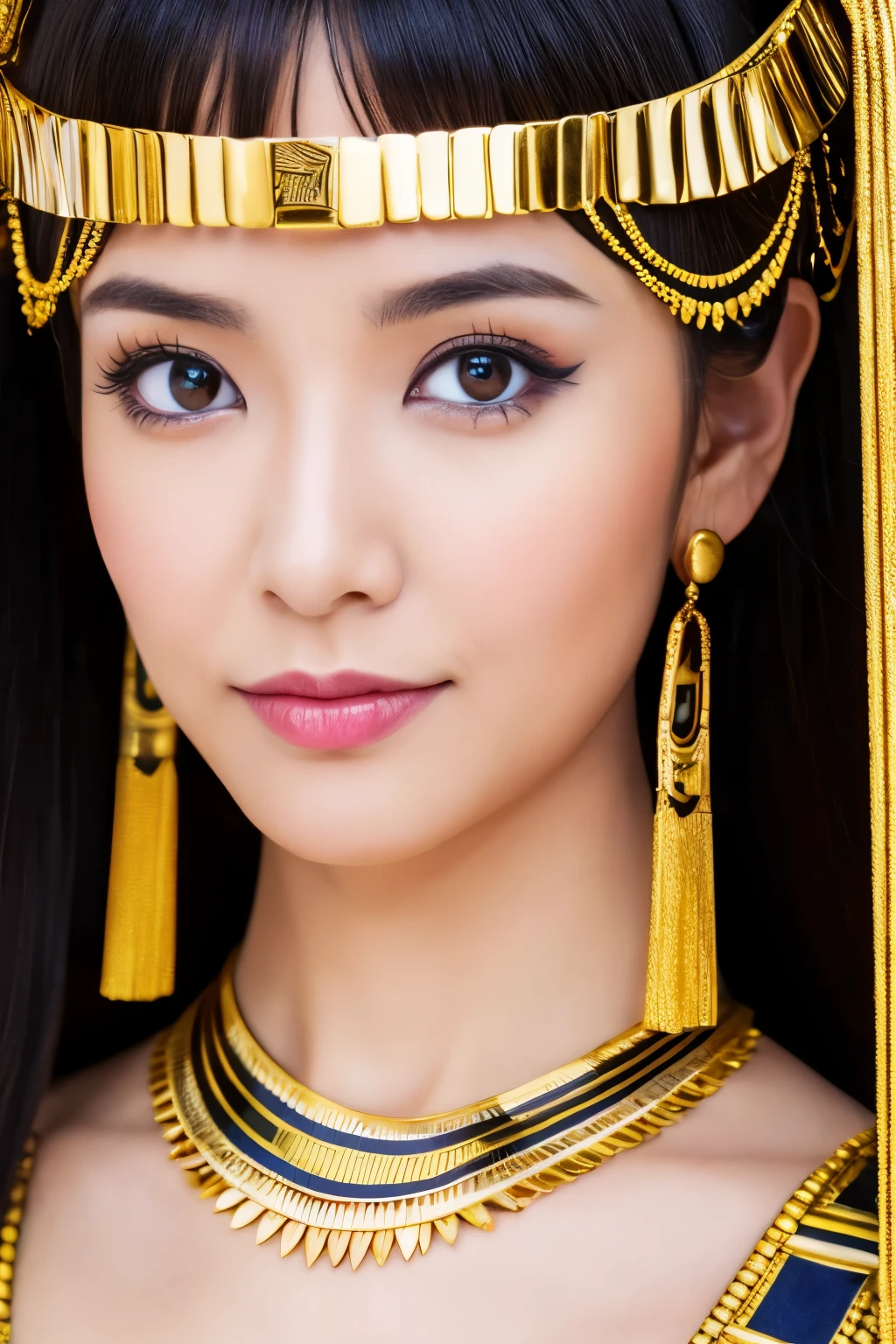 Masterpiece, high quality, high resolution, 8K, Skinny Japanese woman in a costume of Cleopatra, beautiful face, makeup of Cleopatra, detailed face, detailed eyes