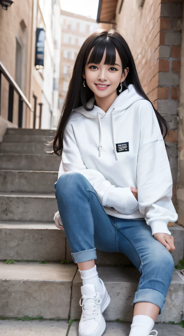 highest quality, Realistic, Very detailed, Finer details, High resolution, 8k wallpaper, One beautiful woman,Sit on the stairs、 Oversized hoodie, Skinny jeans, White sneakers、Putting on socks、Black Hair、 Beautiful Bangs、ear piercing、smile、Beautiful teeth alignment、Perfect dynamic composition, Beautiful and detailed, Full Body Shot, A big smile