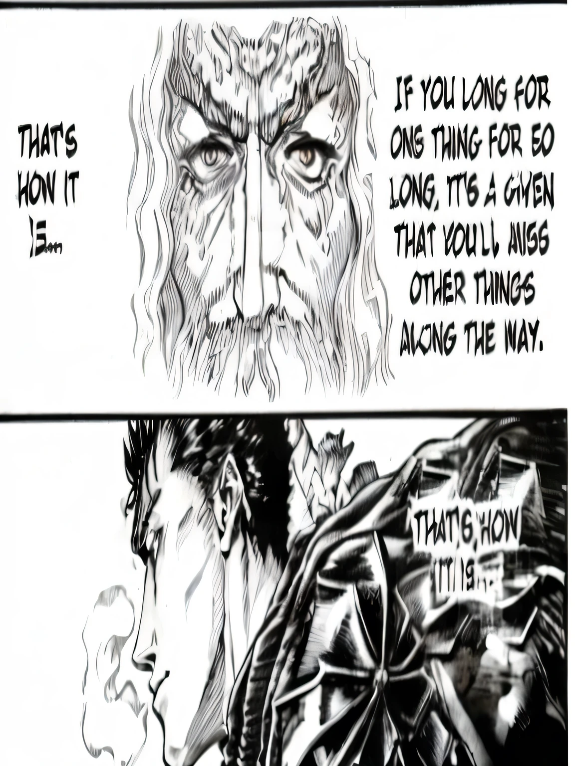 eine Karikatur eines Mannes mit Bart und einer Frau mit einem Schwert, in berserk manga, from berserk, berserk manga, berserk style, 1990 Branchengremium, black and white manga panel, berserk art style, Yoshitaka Amano-Stil, amano and olivier ledroit, guts from berserk, Manga-Panels