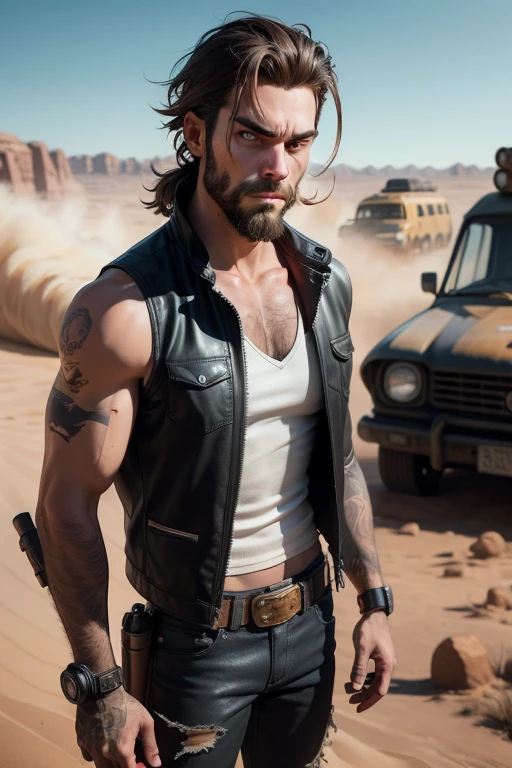 Logan, X-mem, 3D, 4K. Logan, X-mem, 3D, 4K. Logan, X-mem, 3D, 4K, Good looking, ultra realistic. A 27-year-old masculine male cyberpunk character, post - apocalyptic cowboy, with a rugged appearance, in mad max style, 4k wild west, wearing a leather vest adorned with pockets and straps, and metal cyberpunk staffs, brass goggles resting atop his forehead, short bearded and a determined expression in his piercing blue eyes. Settings in a vast open hot golden desert, Driving an old desert camper Van, They dodge sandstorms that whip across the dunes like angry beasts and outrun monstrous sandworms with razor-sharp teeth.
