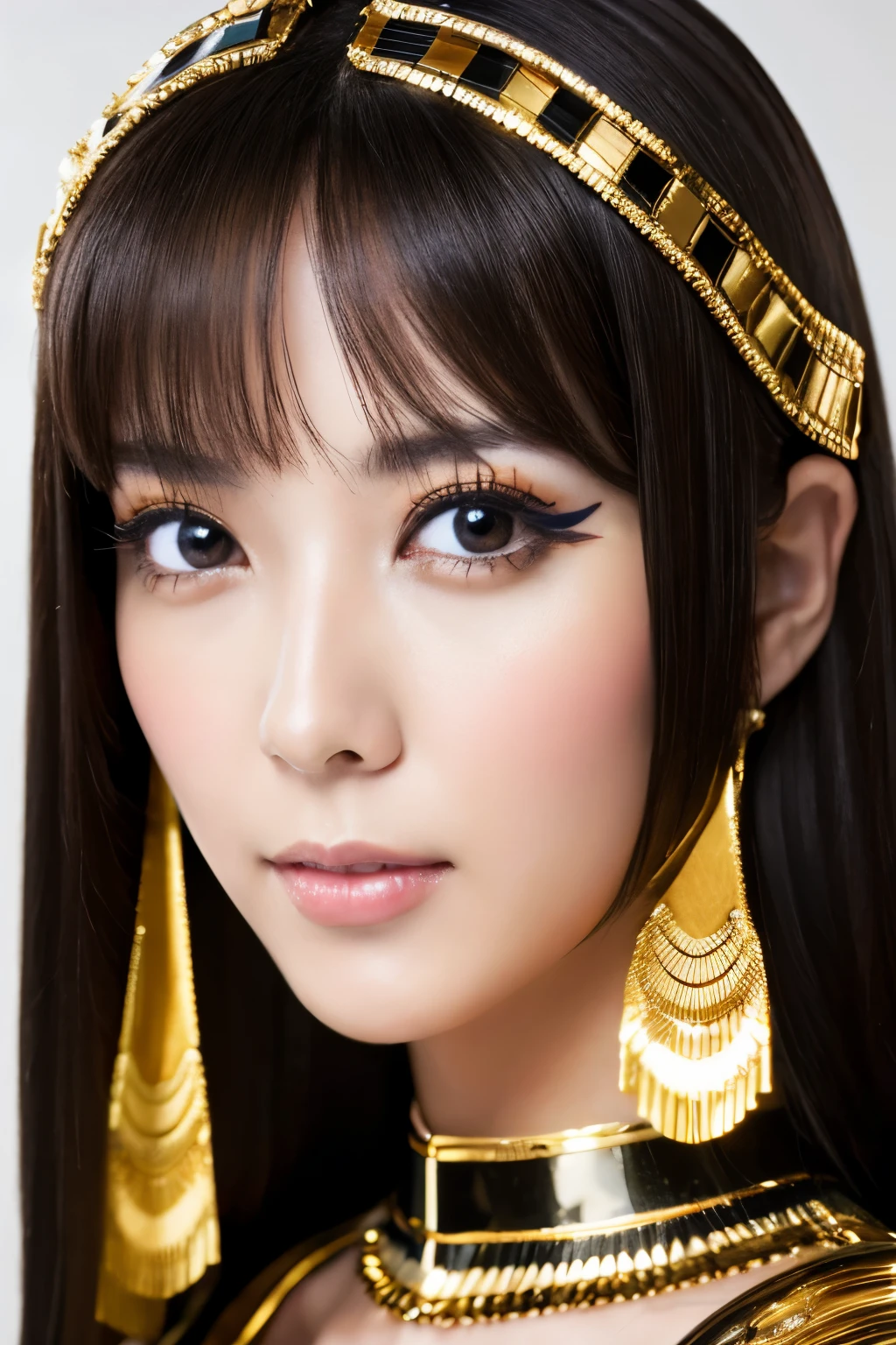 Masterpiece, high quality, high resolution, 8K, Skinny Japanese woman in a costume of Cleopatra, beautiful face, makeup of Cleopatra, detailed face, detailed eyes