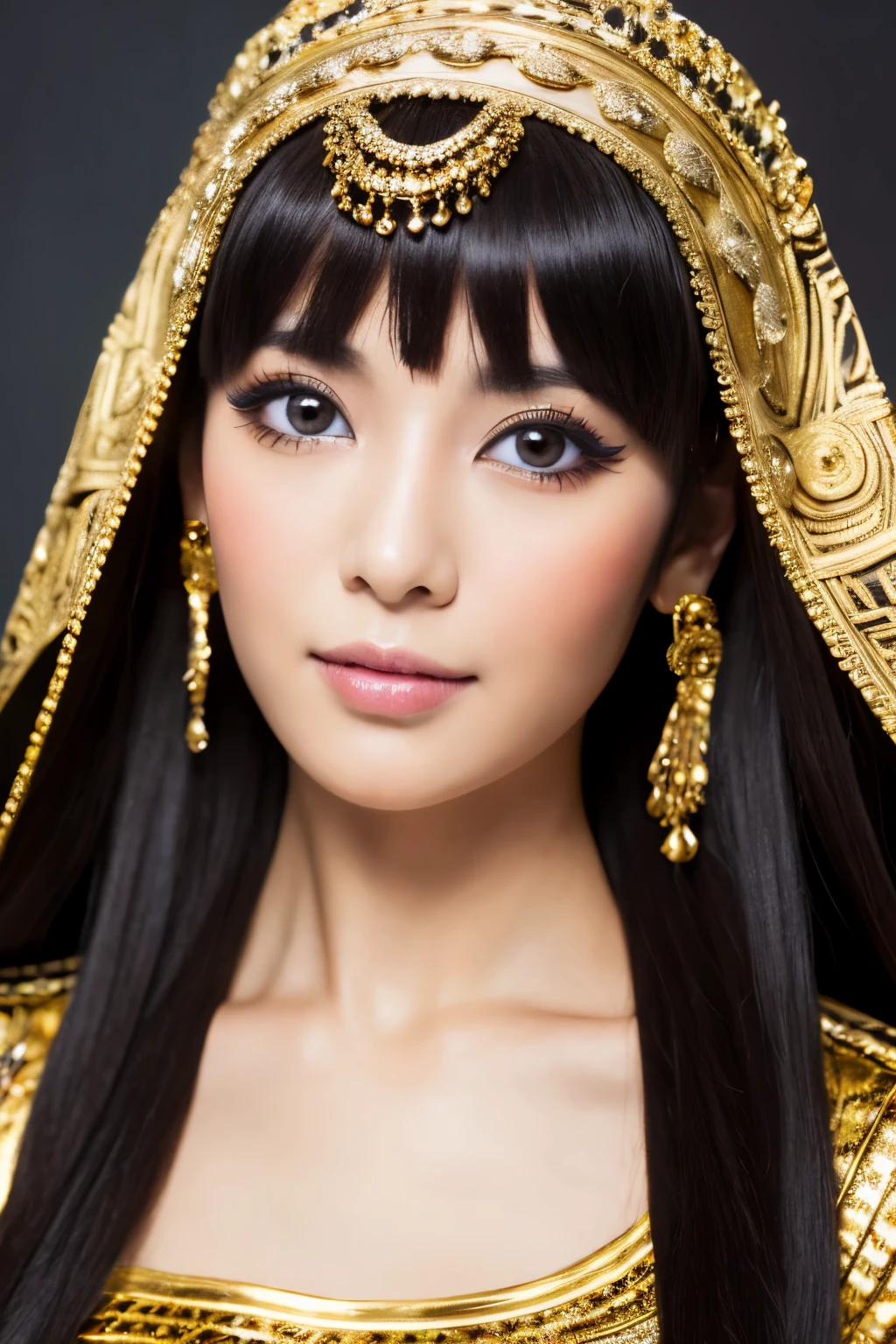 Masterpiece, high quality, high resolution, 8K, Skinny Japanese woman in a costume of Cleopatra, beautiful face, makeup of Cleopatra, detailed face, detailed eyes