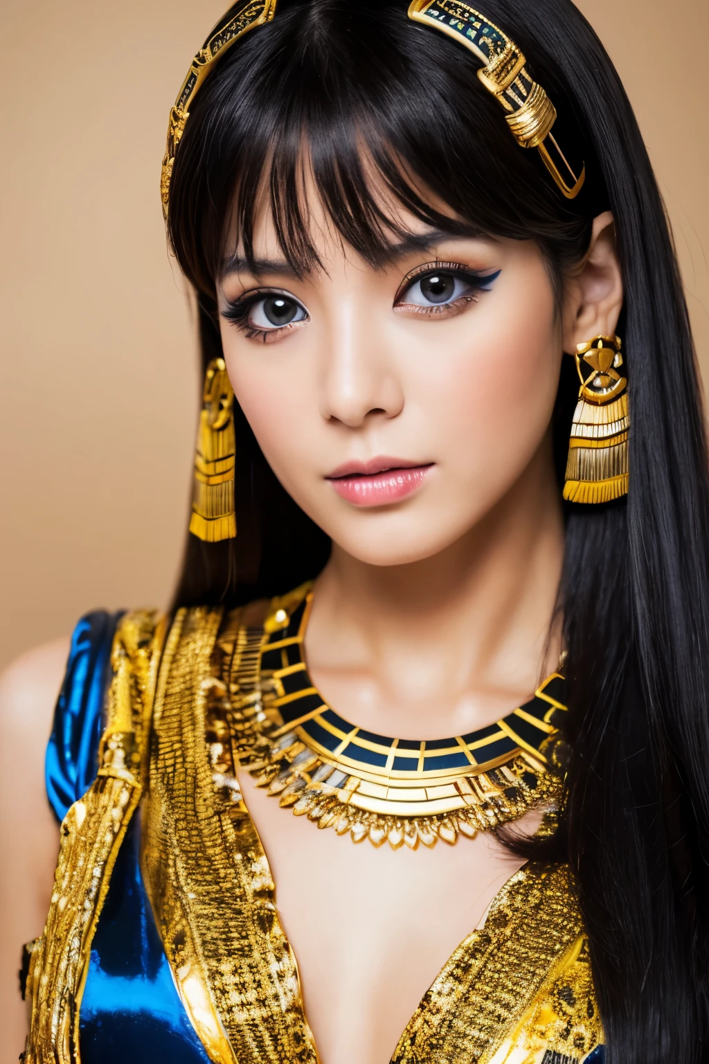 Masterpiece, high quality, high resolution, 8K, Skinny Japanese woman in a costume of Cleopatra, beautiful face, makeup of Cleopatra, detailed face, detailed eyes