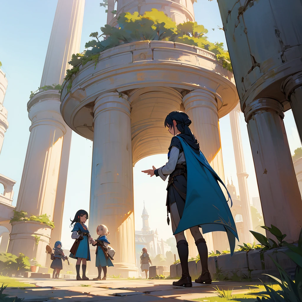 Please draw three young adventurers gazing at a cylindrical tower.