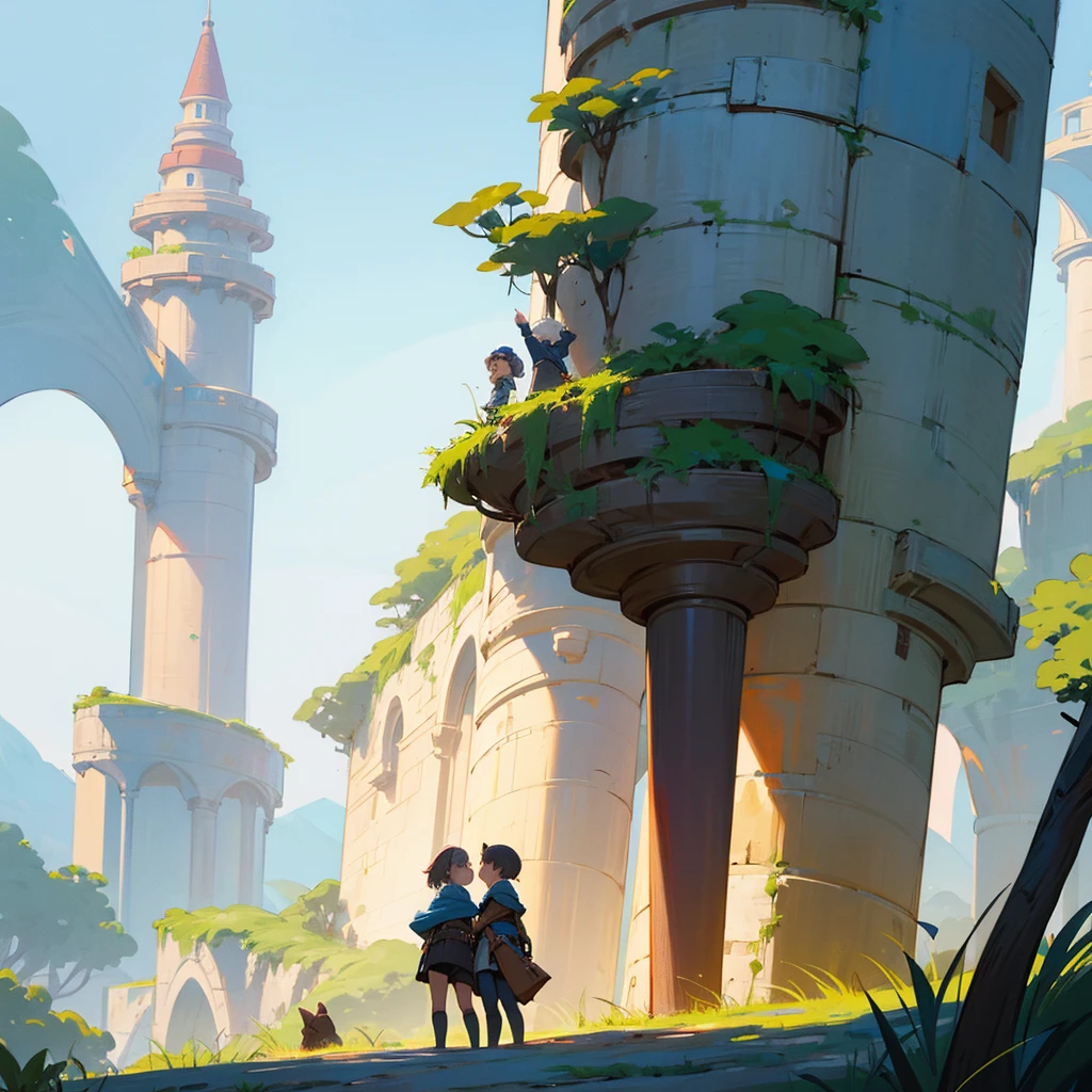 Please draw three young adventurers gazing at a cylindrical tower.　