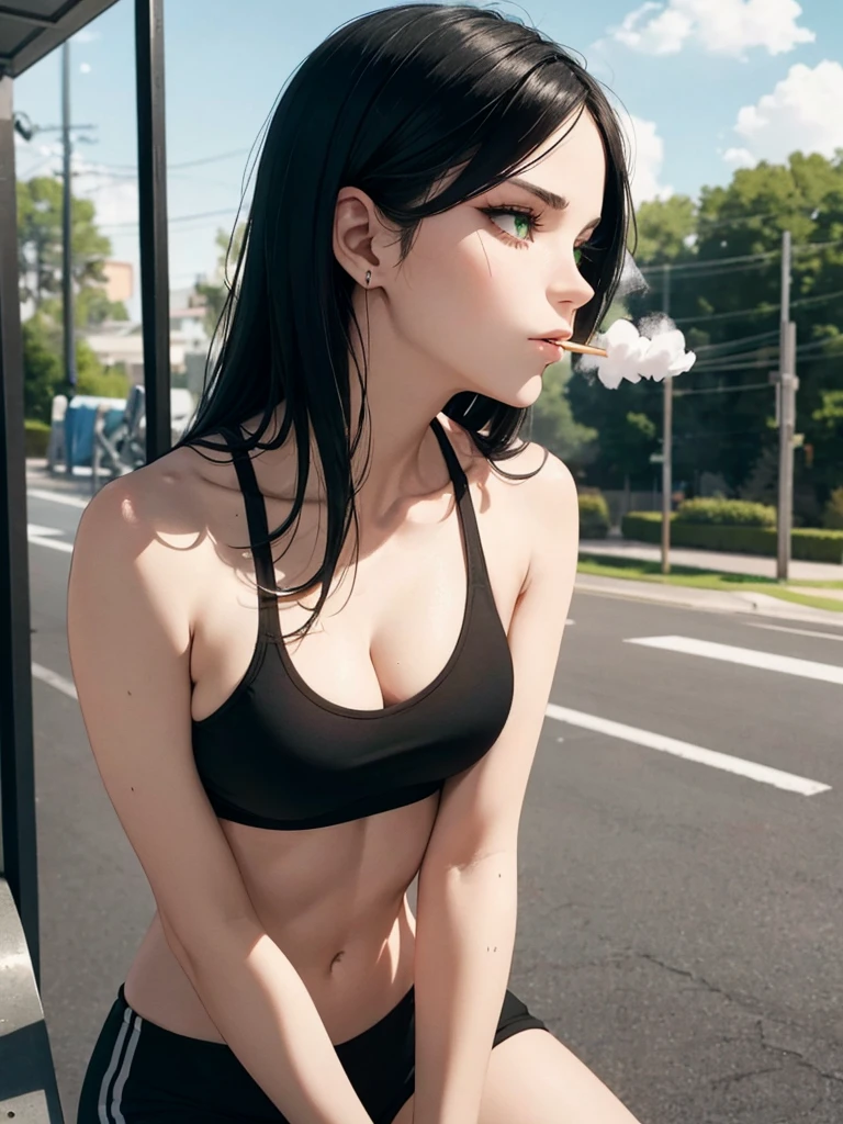 sarah, green eye, black hair, she's smoking a cigarette, she's doing her workout, outside, she's exhausted,