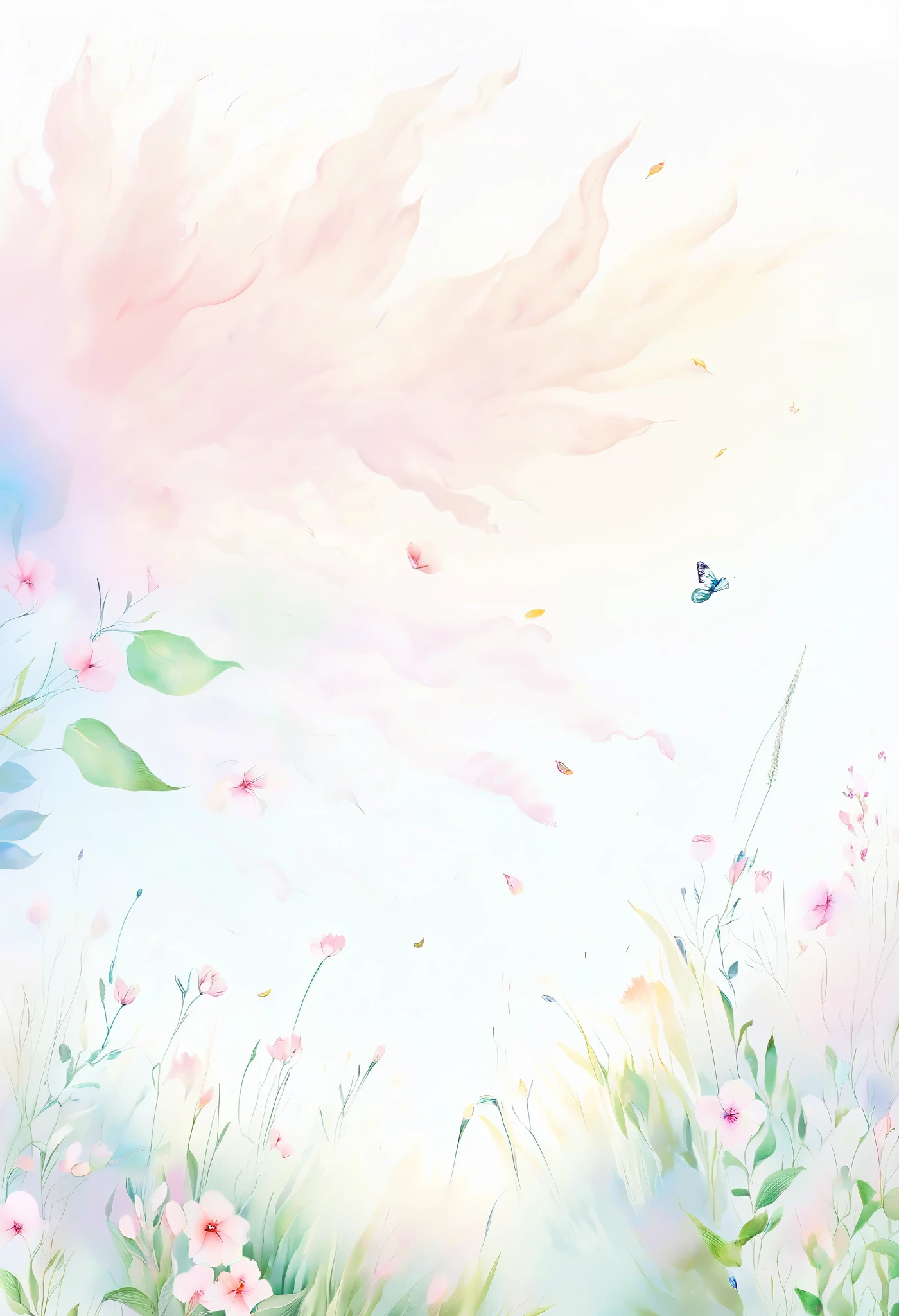 pastel tones,Light style,cozy calm,nature,warm and comfortable,garden,This watercolor floral painting shows a beautiful scene of wildflowers and peach blossoms in a field。The screen is dominated by a white background,Highlights the bright colors of flowers。Use splatter techniques,Reproduces the humid atmosphere。Abstract compositions blend with surreal elements,Create a unique visual effect。Light tones、Pale pink and light green color scheme,and high-resolution details,Shows the vitality and vitality of flowers。The ink splash effect adds to the dynamics of the picture.。In general,This painting is painted in pale tones,Presenting a beautiful watercolor flower painting。