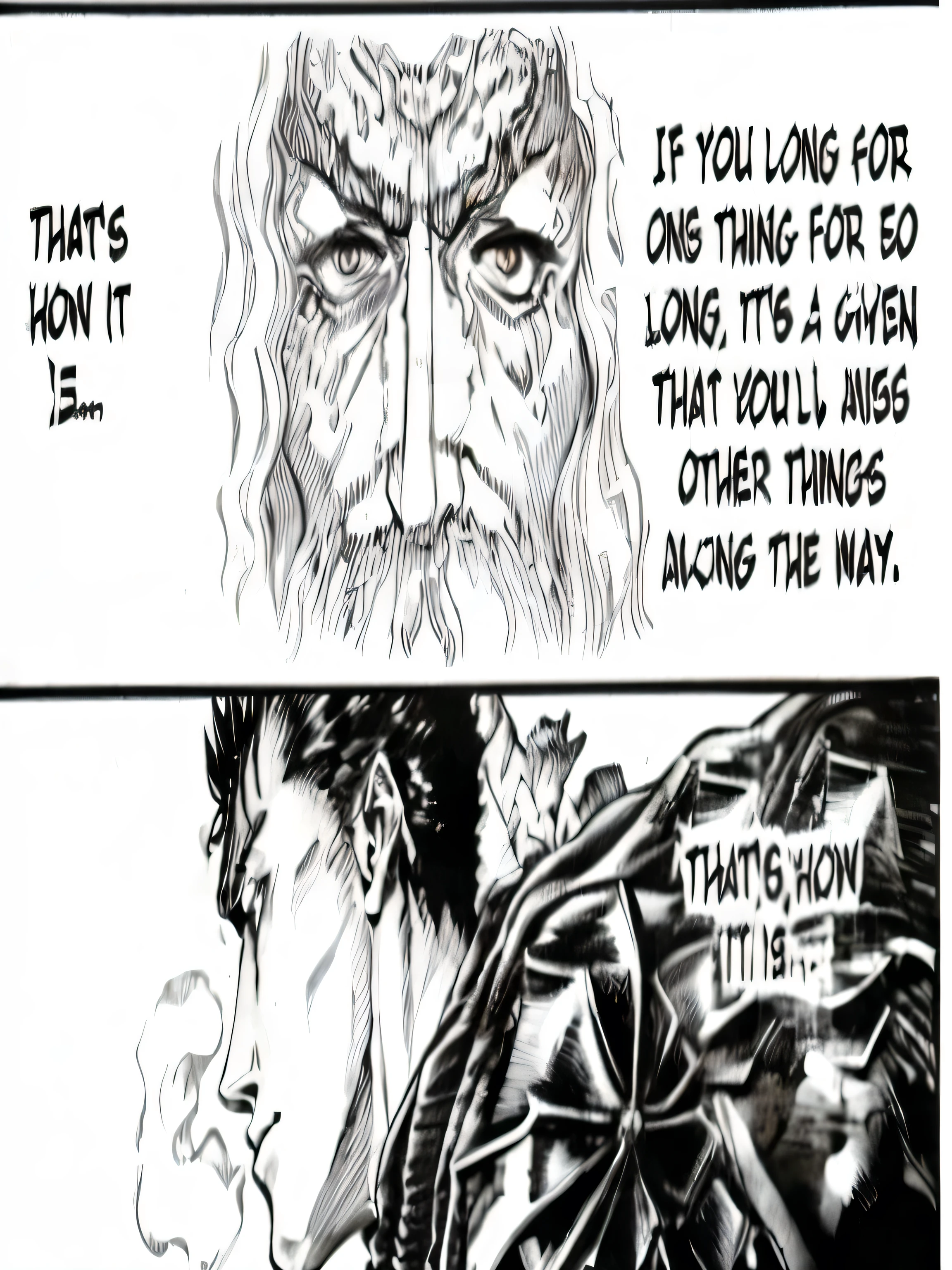 eine Karikatur eines Mannes mit Bart und einer Frau mit einem Schwert, in berserk manga, from berserk, berserk manga, berserk style, 1990 Branchengremium, black and white manga panel, berserk art style, Yoshitaka Amano-Stil, amano and olivier ledroit, guts from berserk, Manga-Panels