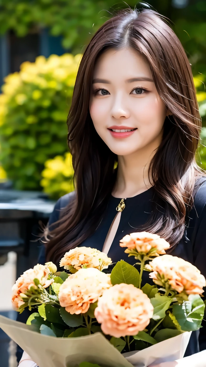 masterpiece, highest quality, One girl, Gray Hair, smile, View your viewers, Adult, Fully mature, Holding flowers