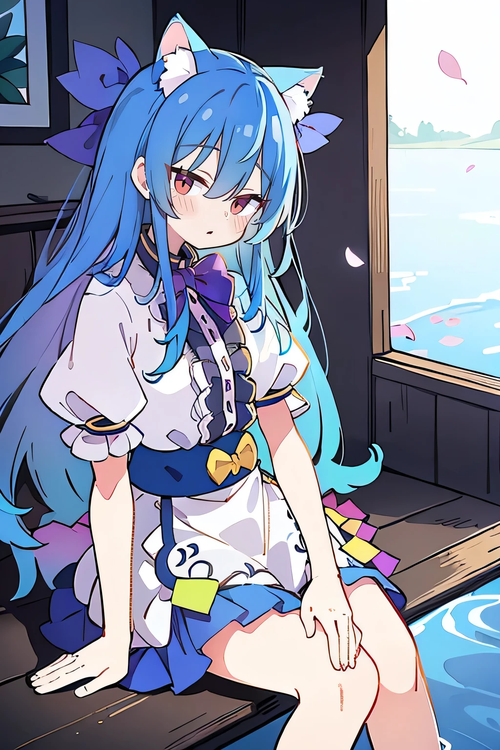 (masterpiece:1.2),ultra-detailed,realistic,expressive eyes,fair-skinned,perfectly shaped face,1girl,
Japanese cartoons,Gorgeous blue hair, flowing blue hair,floating clothes,cat ears,petals falling,beautiful Lola,Hina Angel,
hands on waist,gracefully sitting on the ground,legs crossed,gentle and serene background,cool and comfortable pavilion,shy face ,night .