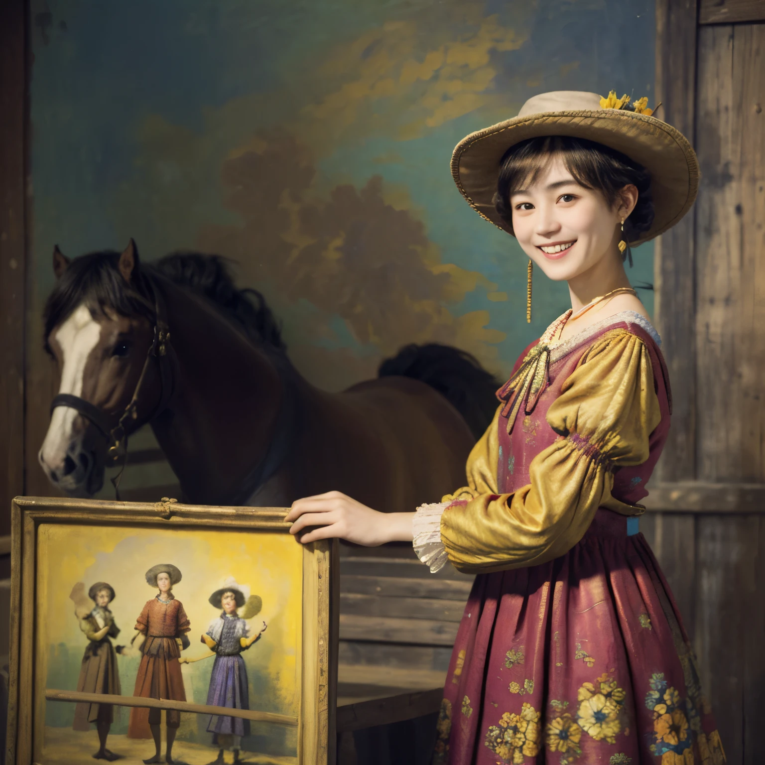 219 Short Hair, 20-year-old woman, A kind smile, Floral, (Colorful Dresses, Luxurious stables), (Rembrandt painting)
