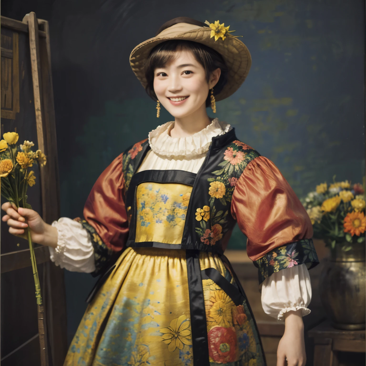 219 Short Hair, 20-year-old woman, A kind smile, Floral, (Colorful Dresses, Luxurious stables), (Rembrandt painting)
