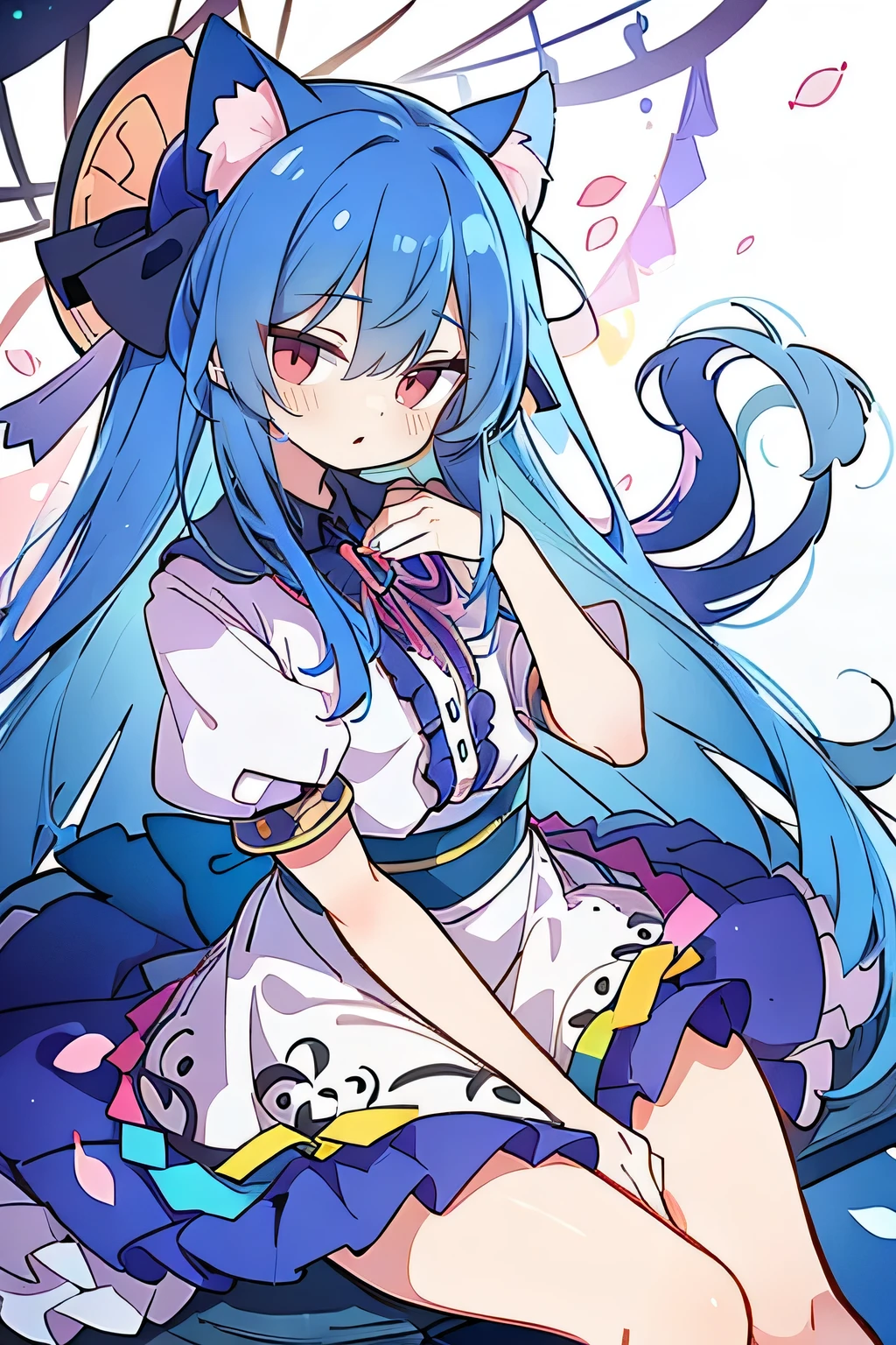 (masterpiece:1.2),ultra-detailed,realistic,expressive eyes,fair-skinned,perfectly shaped face,1girl,
Japanese cartoons,Gorgeous blue hair, flowing blue hair,floating clothes,cat ears,petals falling,beautiful Lola,Hina Angel,
hands on waist,gracefully sitting on the ground,legs crossed,gentle and serene background,cool and comfortable pavilion,shy face ,night .