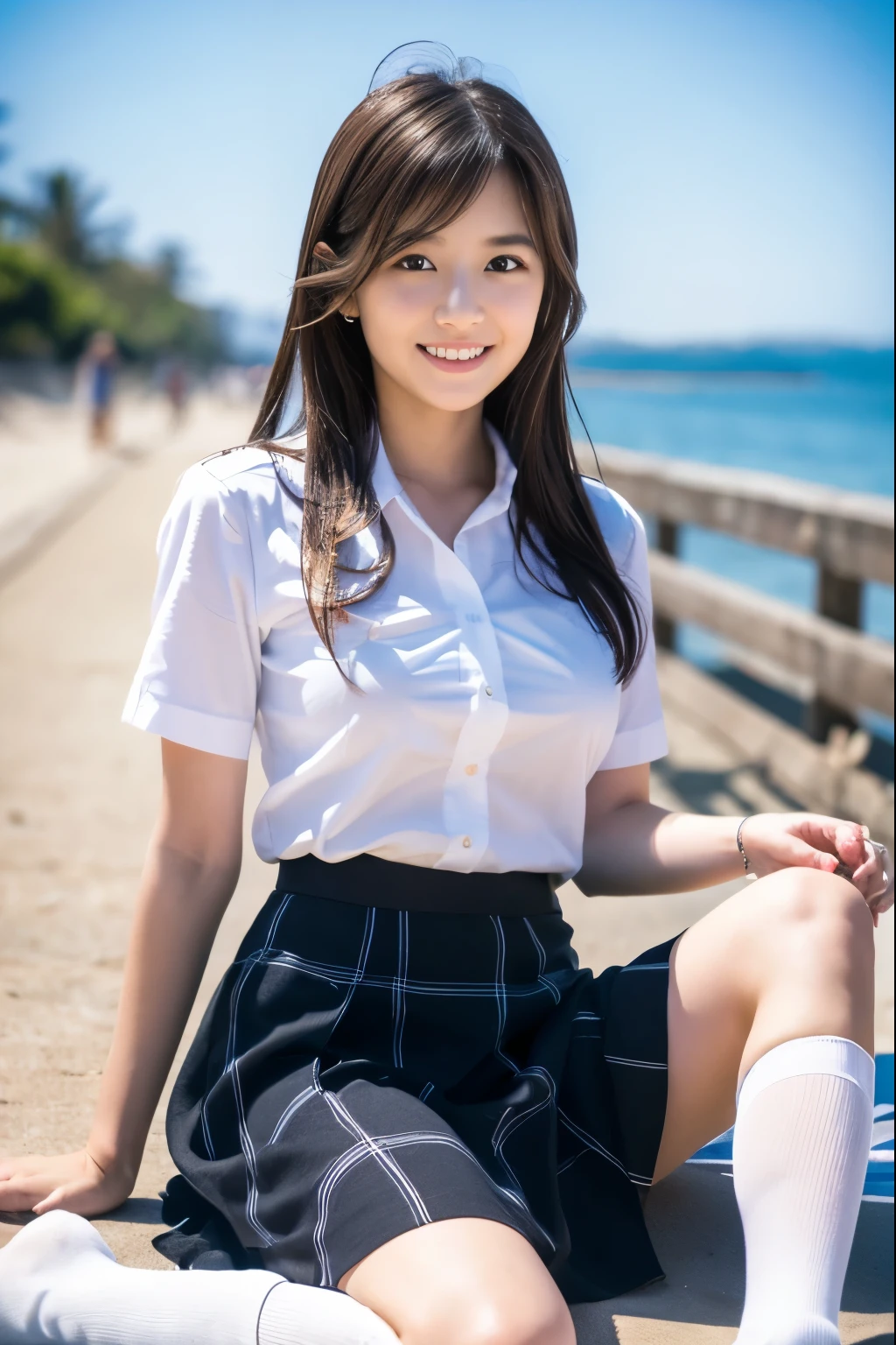 (Best Quality, High resolution, masutepiece :1.3), Pretty women, plump big breasts, Constricted waist,
Against the background of reddish sunset sky、Clouds and sun sink into the ocean, Beautiful schoolgirl in uniform sitting. Her hair is light brown, And it's medium bob style. She wears a white blouse and pleated skirt as part of her uniform. She sits with her legs apart, And her gaze is directed to the camera. Create this scene from a low angle shot.17 year old girl、Happy smile