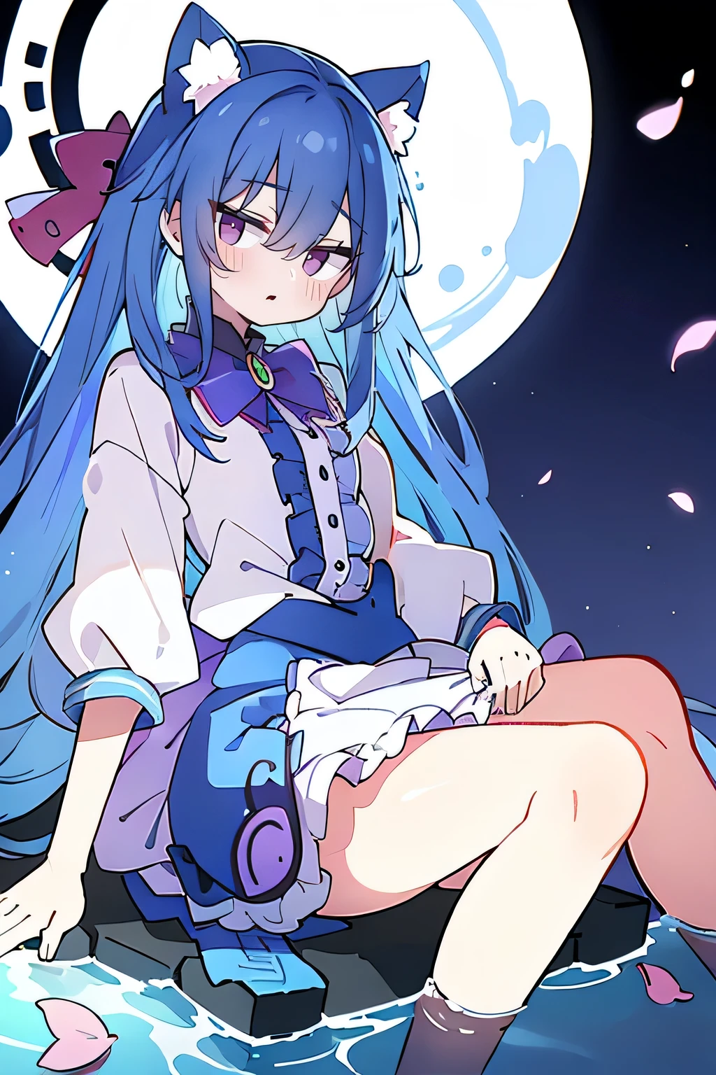 (masterpiece:1.2),ultra-detailed,realistic,expressive eyes,fair-skinned,perfectly shaped face,1girl,
Japanese cartoons,Gorgeous blue hair, flowing blue hair,floating clothes,cat ears,petals falling,beautiful Lola,Hina Angel,
hands on waist,gracefully sitting on the ground,legs crossed,gentle and serene background,cool and comfortable pavilion,shy face ,night .