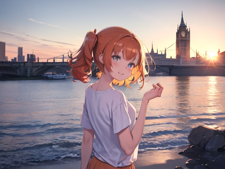 masterpiece、highest quality、High resolution、Very detailed、Medium wide shot、Girl、horizontal lineに沈む夕日、sunset、Ocean、horizontal line、evening、Magic Hour、夕日を見つめるGirl、Beautiful eyes、laughing、Short-sleeved shirt、Shorts、Shortcuts、Side Ponytail、Curly Hair、Bouncy hair、Orange Hair、Young Girl、Embankment、Back view、、