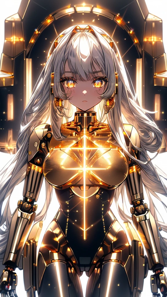 ((masterpiece 1.8)), ((ultra-detailed)), ((High resolution)), ((ultra quality)), (High quality), (dynamic angle), ((cowboy shot)),
(((android girl))),no human,beauty face,detailed face,silver very long hair, floating hair, bangs, serious face, ((gold eyes:1.4)), (mechanical detailed pupils),(holographic detailed pupils), headphone, ((robot joint)), ((robot arms)), robot hip-joint, ((robot body)), ((shining gold eyes)), ((white leotard)), ((white halterneck backless leotard)), ((see-through 1.6)), ((silver and gold trim)), front light, Backlit, ((medium bast)),slender,
controlroom, (lot of display), (holographic display), (floating display), docking, light particle, prismatic light, prismatic reflection,