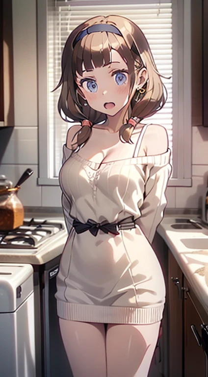 masterpiece, yor, 1girl, Amazing Cleavage:1.3, thin waist, big ass, Raised sexy, medium breast: 1.3 posed cleavage:1.2、solo, looking at viewer, open mouth, have a cup of coffee,black hair, red eyes, dress, bare shoulders, jewelry, collarbone, sidelocks, hairband, earrings, indoors, off shoulder, :o, sweater, arms behind back, plant, short hair with long locks, white hairband, off-shoulder dress, sweater dress, off-shoulder sweater, red sweater, big side hair, very long side hair,is rendered in (masterpiece: 1.2, best quality), with (ultra high resolution) and an exquisite (depth of field). This masterpiece is not only visually stunning but also tells, make of cake cooking ,in the kitchen