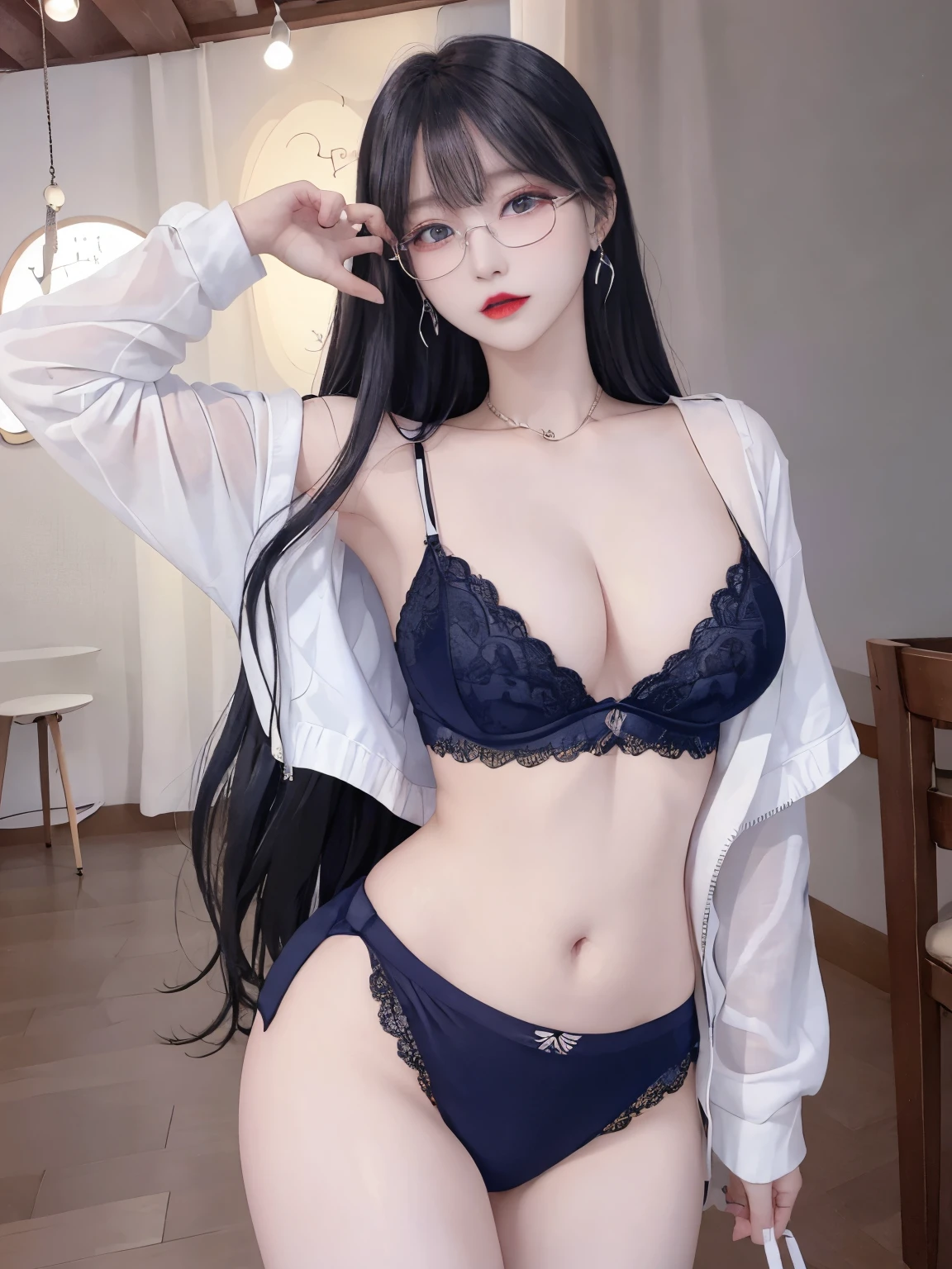 Top image quality、Raw photography、A high resolution、20-year-old cool Korean、big round chest、thin silk jacket、red lace underwear、Beautiful Eyes of Details、very elongated eyes、Beautiful eyelashes、Beautiful double eyelids、eyeshadows、 wearing super tight mini boxers,long legs,medium thighs, wearing Glasses、beautiful eyes finely detailed、elongated eyes、long eyeslashes、Beautiful double eyelids、eyeshadows、earrings、shiny white skin、standing pose, blue, yellow, white, cyan,