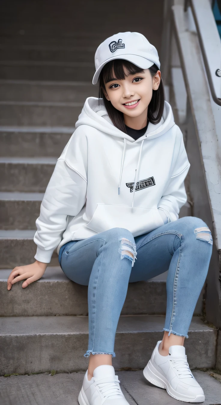 highest quality, Realistic, Very detailed, Finer details, High resolution, 8k wallpaper, One beautiful woman,Sit on the stairs、 Oversized hoodie, Skinny jeans, White sneakers、Putting on socks、Black Hair、 Beautiful Bangs、ear piercing、smile、Beautiful teeth alignment、Newsboy cap、Perfect dynamic composition, Beautiful and detailed, Full Body Shot, A big smile
