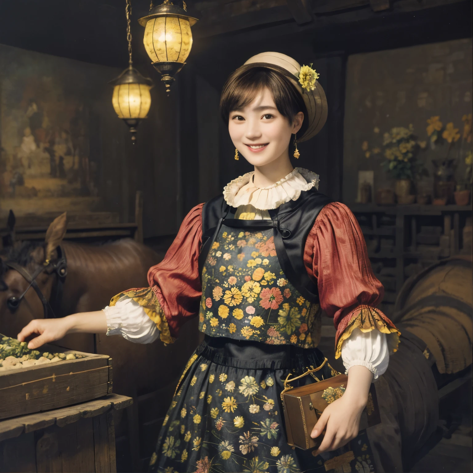 219 Short Hair, 20-year-old woman, A kind smile, Floral, (Colorful Dresses, Luxurious stables), (Rembrandt painting)
