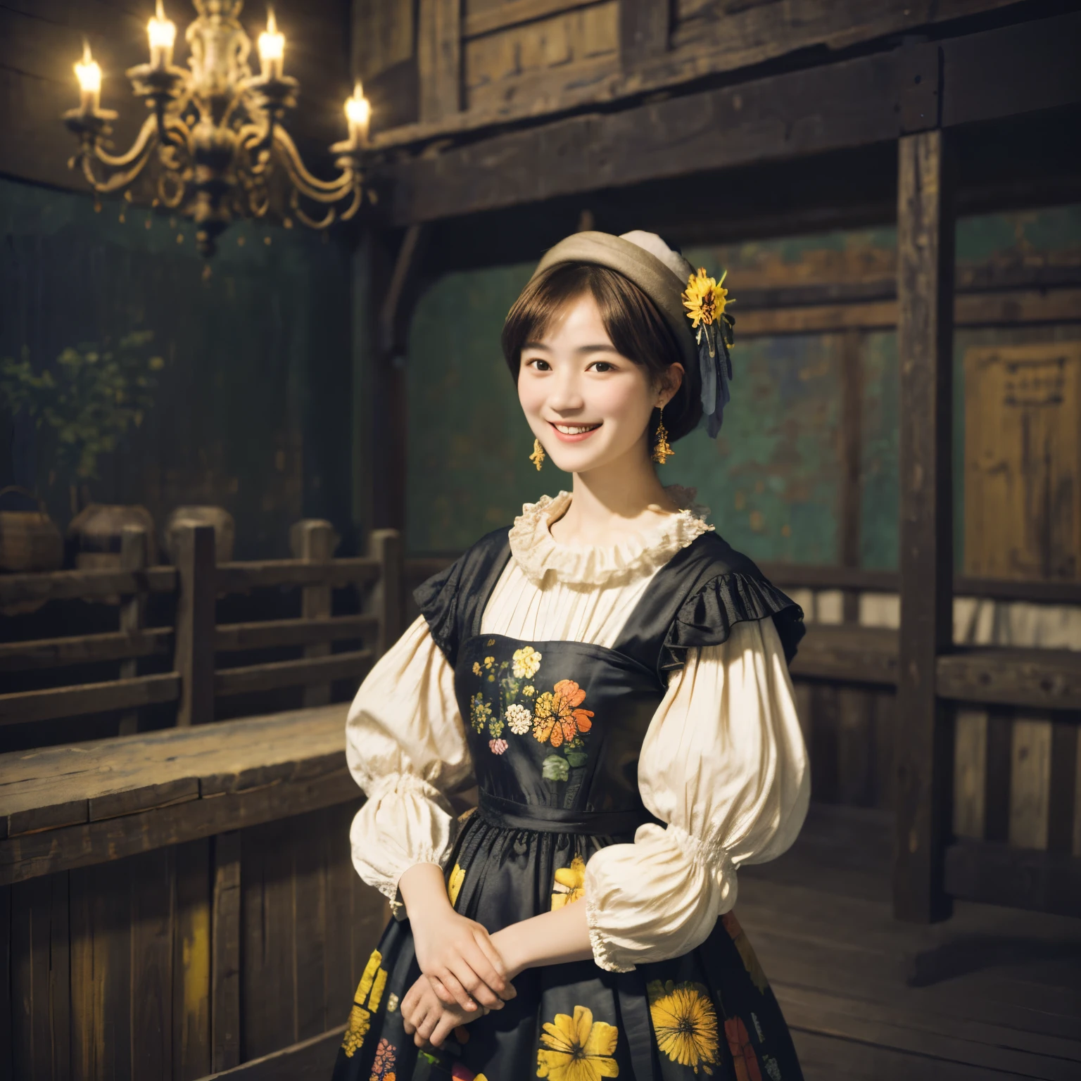 219 Short Hair, 20-year-old woman, A kind smile, Floral, (Colorful Dresses, Luxurious stables), (Rembrandt painting)