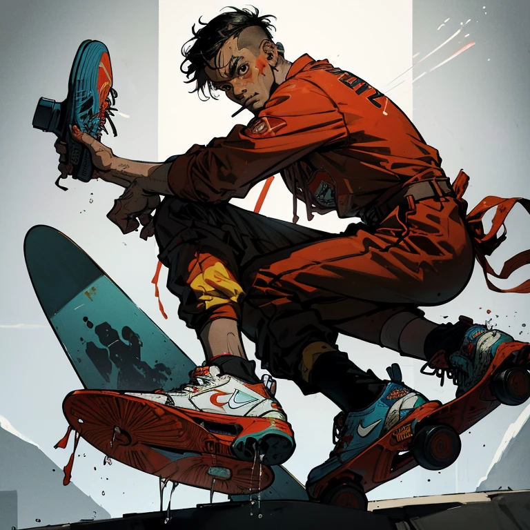 a partially colored Contour Line drawing in the style of Kim Jung Gi and Norman Rockwell, of a RED BOBA FETT in NIKE SB SKATEBOARDING CLOTHES with hypebeast shoes like rare pattern airmax 90, with a light saber and space pistol