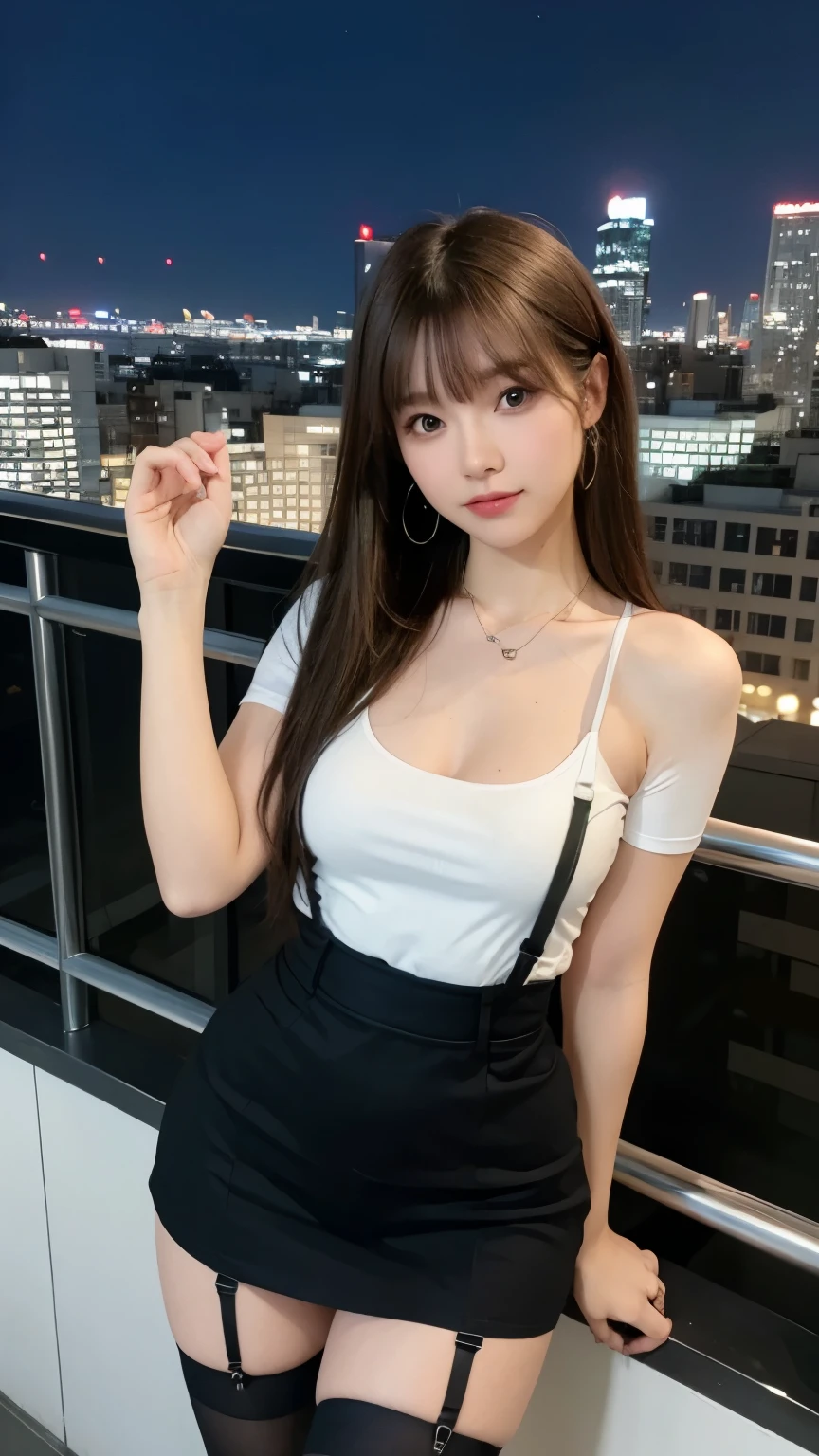 ((Midnight, highest quality, 8k, masterpiece :1.3)), whole body, Long legs, Sharp focus :1.2, Beautiful woman with perfect figure :1.4, Slim Abs :1.1, ((Dark brown hair, Big Breasts :1.2)), (White tight T-shirt, Jean Bib, Are standing:1.2), ((Night city view, rooftop:1.3)), Very detailedな顔と肌の質感, Fine grain, Double eyelids one girl,highest quality,masterpiece,figure,Very delicate and beautiful,CG,Unity,8k wallpaper,wonderful,In detail,masterpiece,Official Art,Very detailed CG Unity 8k wallpaper,Incredibly absurd,Large file size,Very detailedな,High resolution,Very detailed,Beautiful detailed girl,Realistic,from the front,Outdoor,　suspenders　　　Large swollen breasts　　 　 　　　　Black mini skirt　garter belt　Knee-high socks　　　　　　　bangs 　　　　　Beauty　　Hands up　　 　　Black boots 　　　　one person 　　　Dress shirt　　　Hands Behind Back　put your hands behind your back　　With your hands behind your back　Armament　holster　　A room at the Belt Hotel　Bed　Wall side