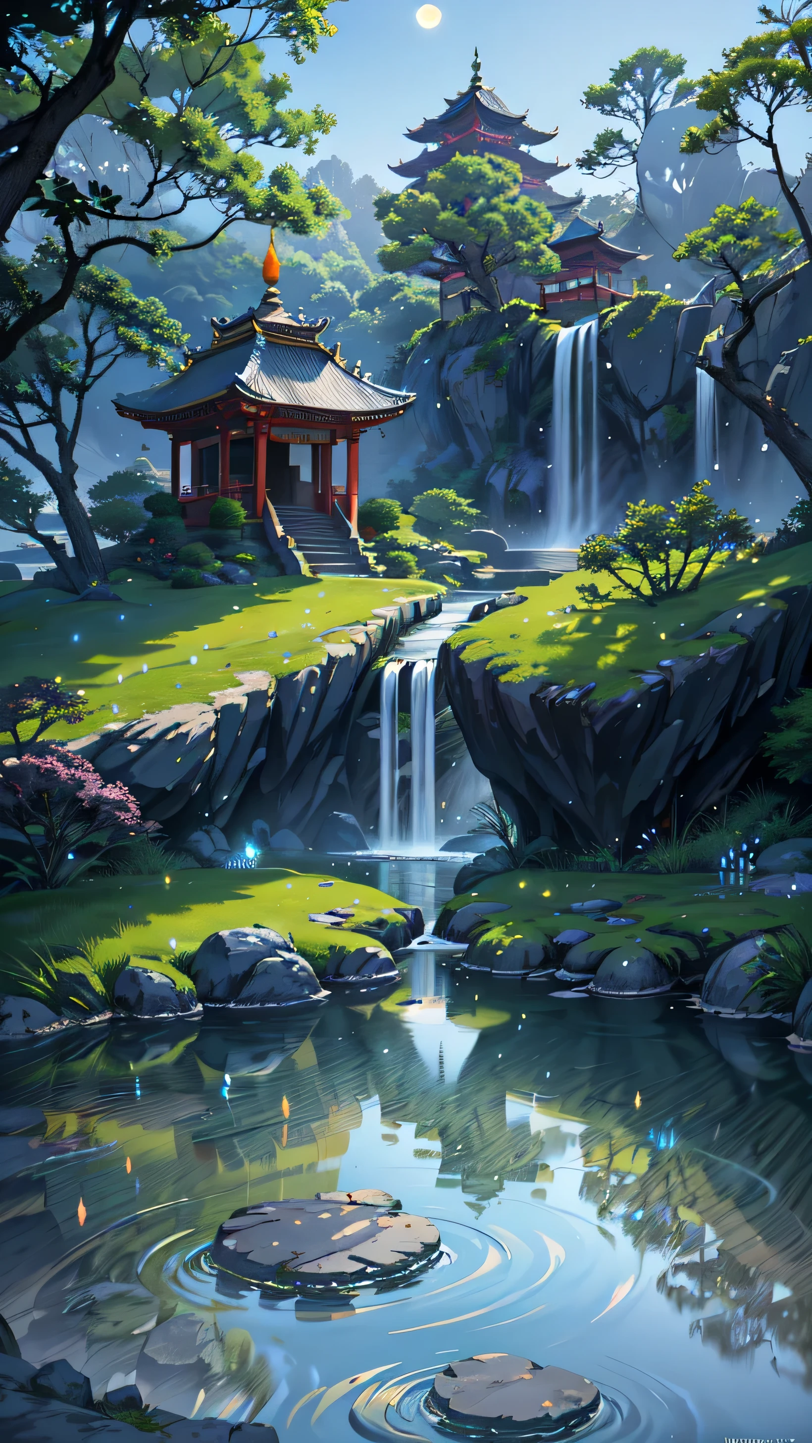 Ancient Chinese architecture, Cool colors, dark night, moon, garden, tree, lake, Stone Bridge, rockery, arch, corner, tree, flowing water, Vision, outdoor, waterfall, grass, rock, , (illustration: 1.0) , Narrative construction, HD detail, masterpiece, best quality, (Highly detailed CG Unity 8K wallpapers)