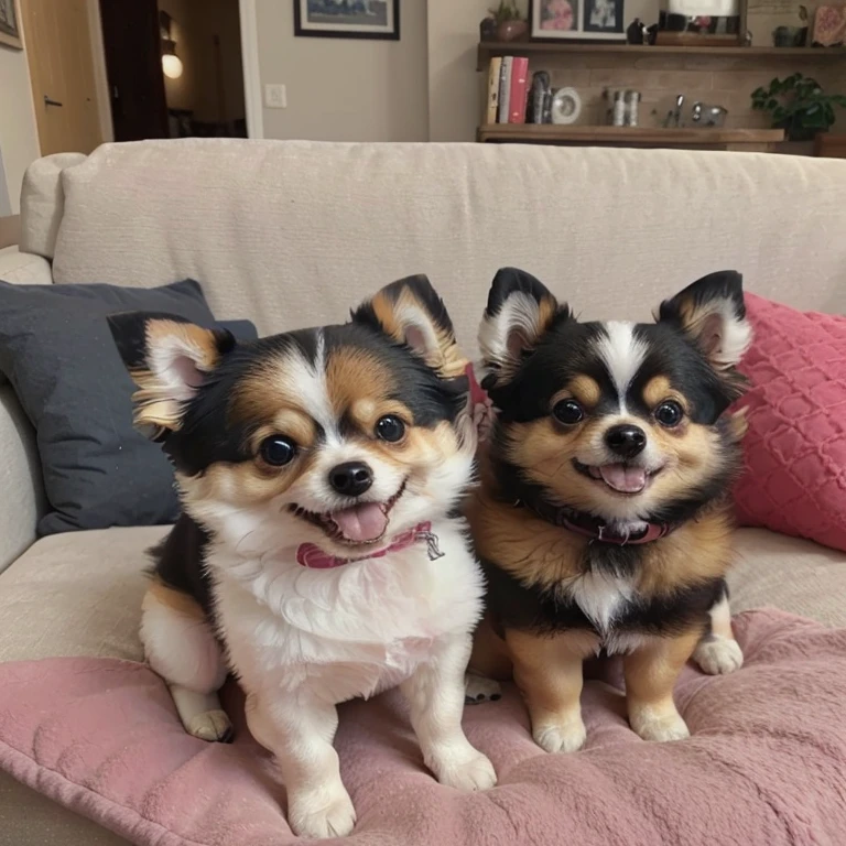 3223477071 two small Dogs Pomeranian on a couch with a pillow and a pillow, a Romain Brook pastel, reddit, pop art, Pomeranian mix, two Dogs, cute, high-quality upload, cuddly!!! , Dogs, beautiful, they're very serious, both smiling at the camera, cute, cute faces,